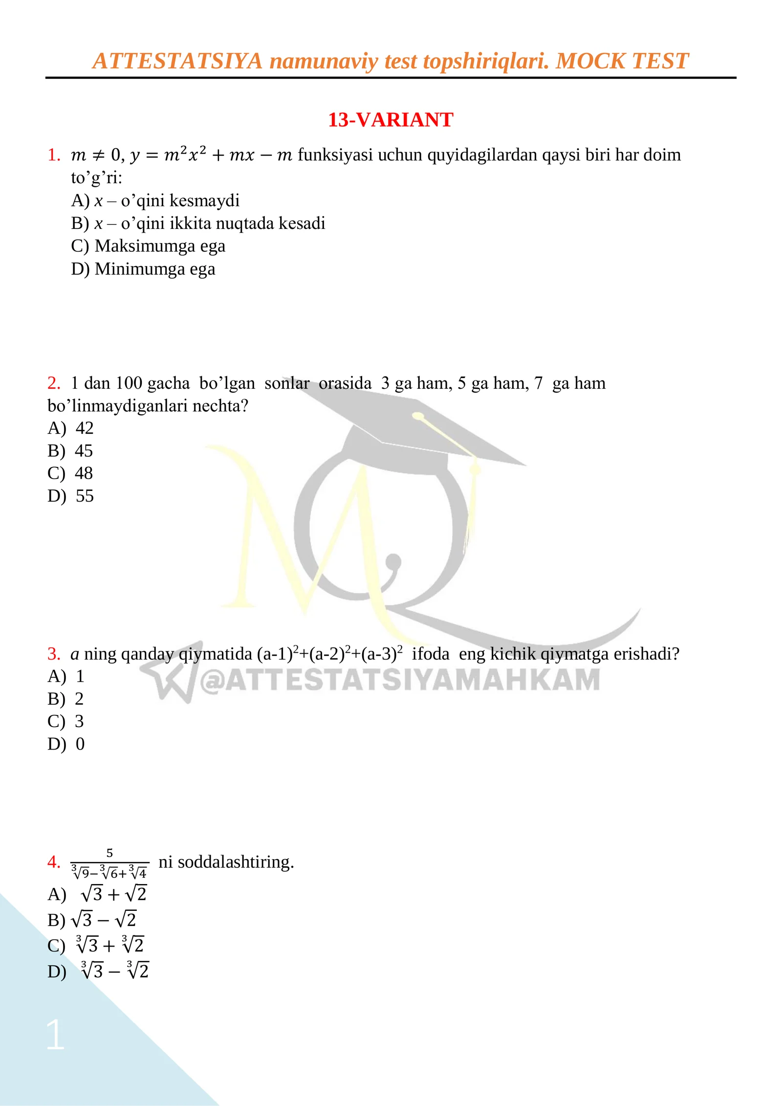 ATTESTATSIYA namunaviy test topshiriqlari. MOCK TEST