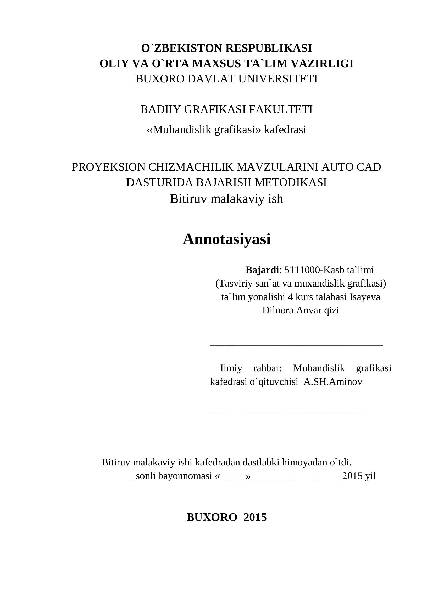 PROYEKSION CHIZMACHILIK MAVZULARINI AUTO CAD DASTURIDA BAJARISH METODIKASI