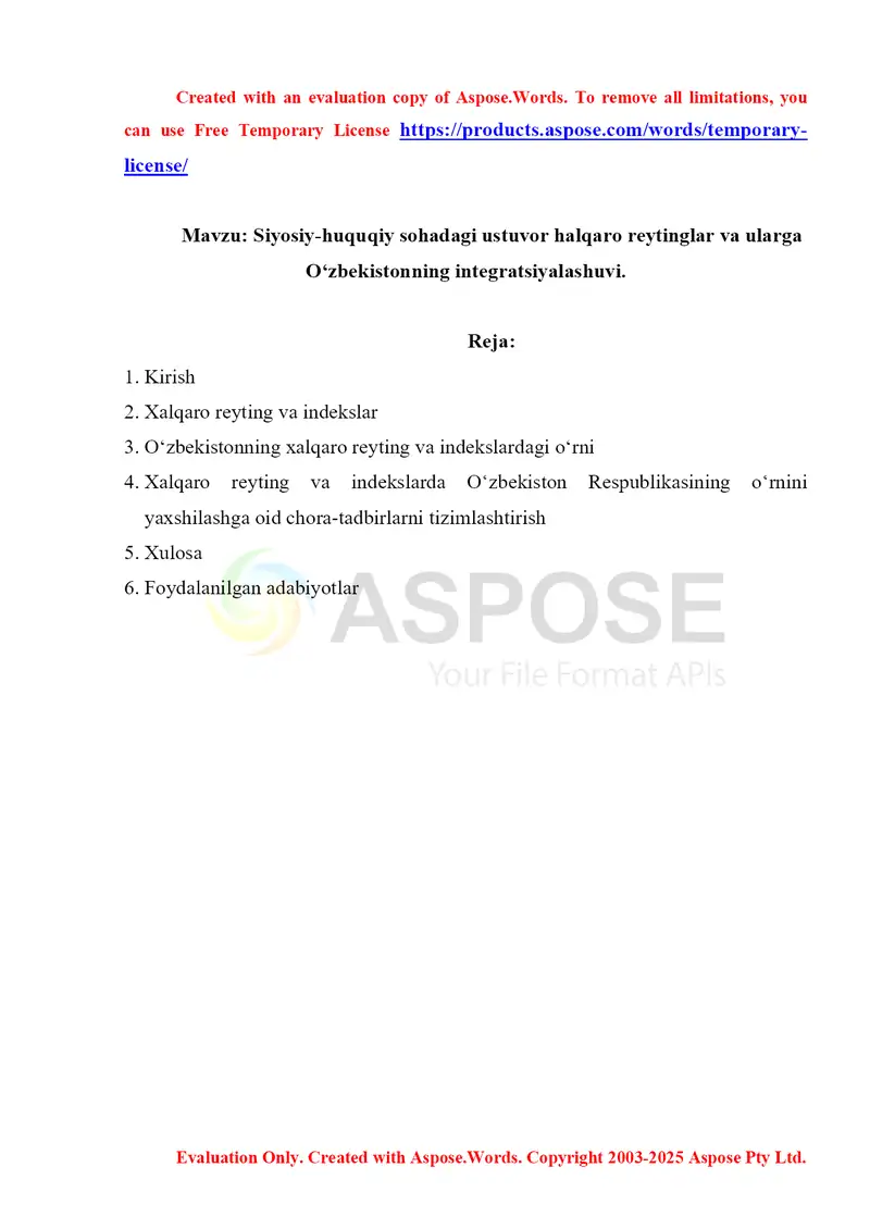 Siyosiy-huquqiy sohadagi ustuvor halqaro reytinglar va ularga O‘zbekistonning integratsiyalashuvi.