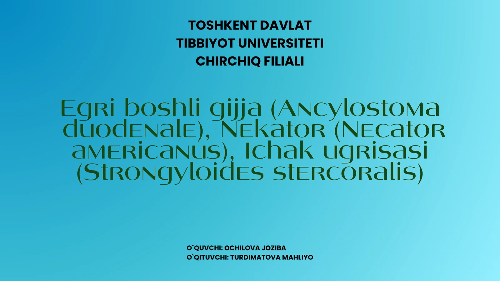 Egri boshli gijja (Ancylostoma duodenale), Nekator (Necator americanus), Ichak ugrisasi (Strongyloides stercoralis)