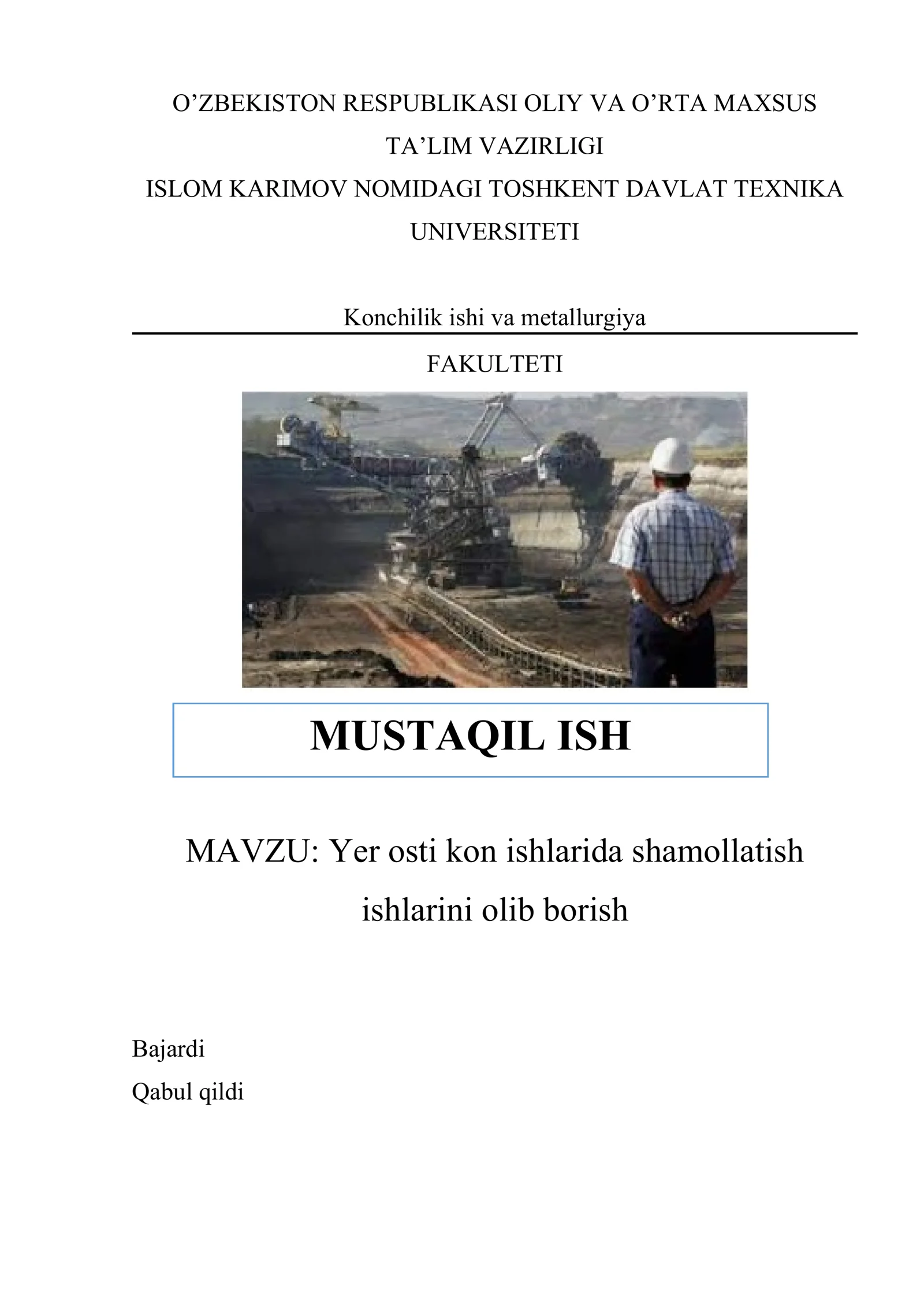 Yer osti kon ishlarida shamollatish ishlarini olib borish