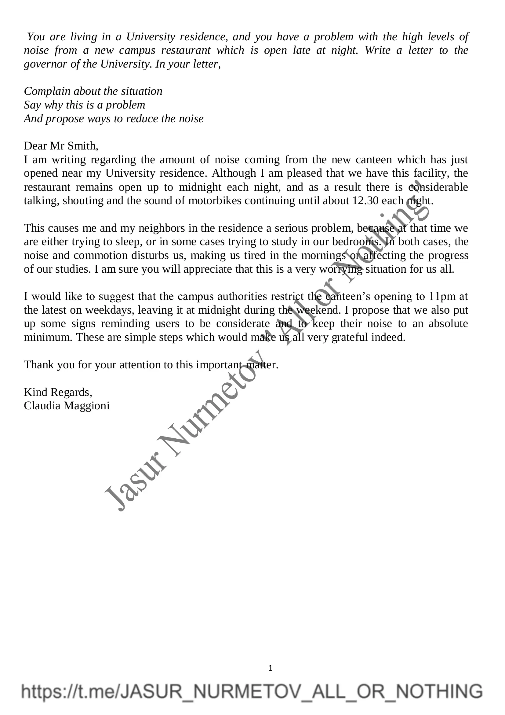 Noise Complaint Letter to University Governor