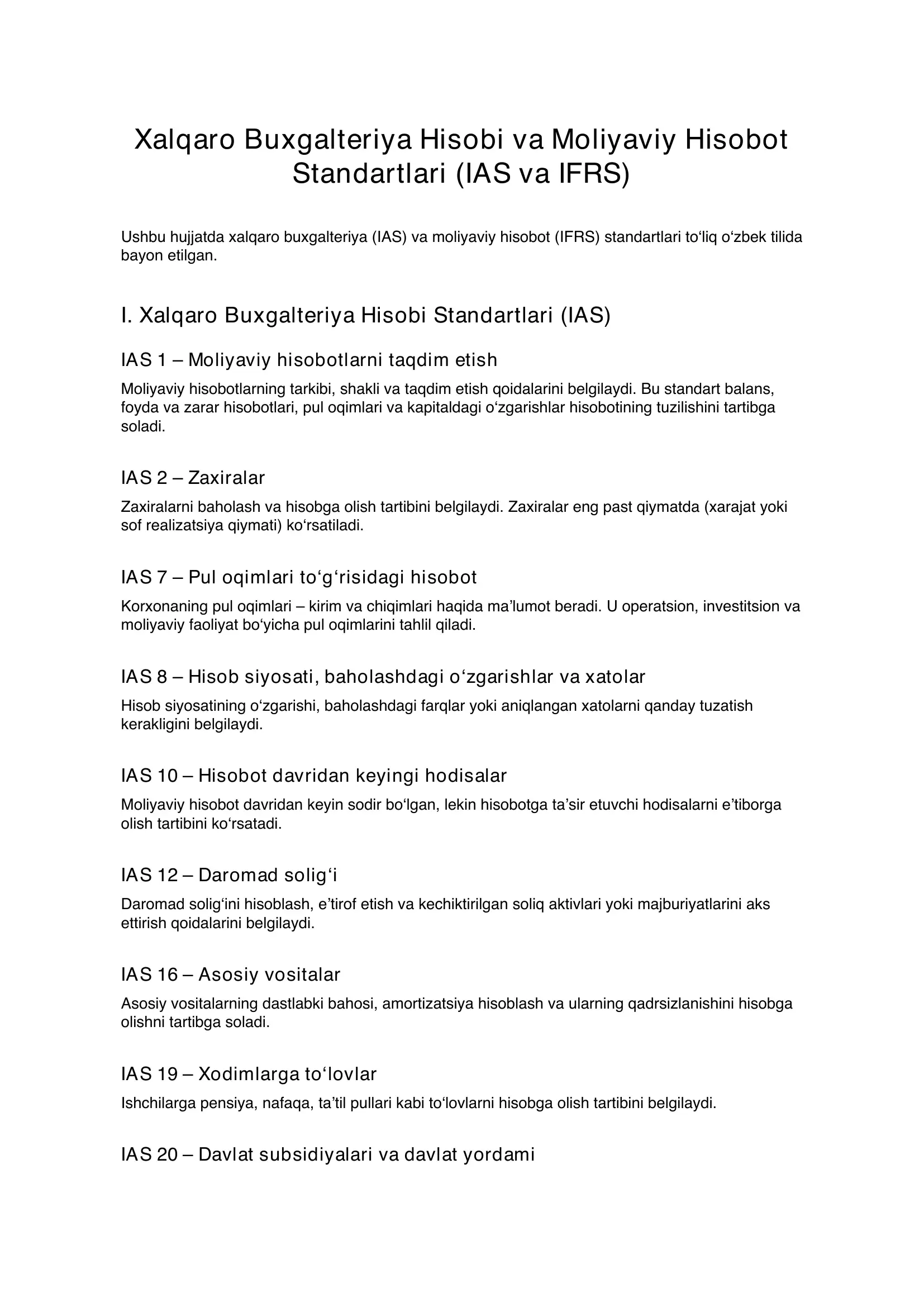 Xalqaro Buxgalteriya Hisobi va Moliyaviy Hisobot Standartlari (IAS va IFRS)