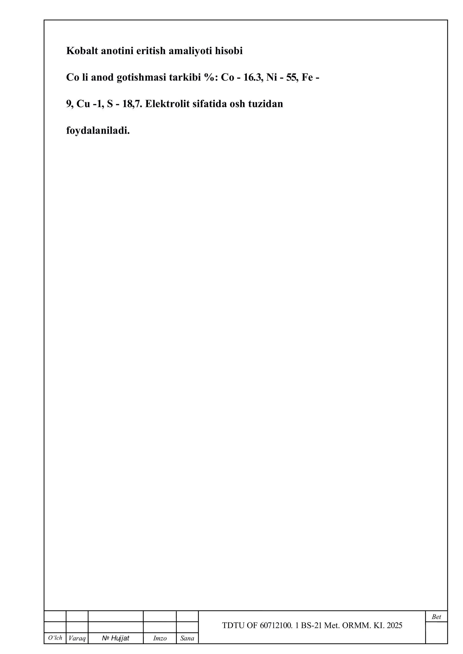 Kobalt anodini eritish amaliyoti