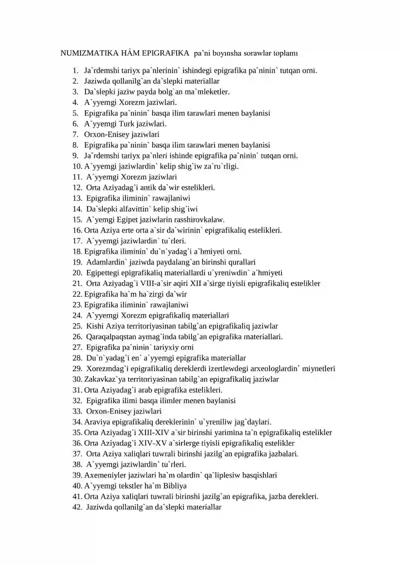 NUMIZMATIKA HÁM EPIGRAFIKA pa’ni boyınsha sorawlar toplamı