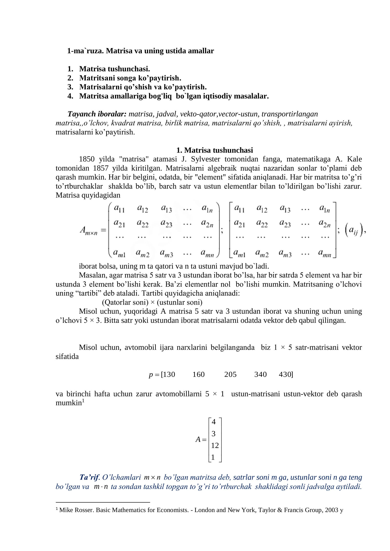 Matrisa va uning ustida amallar