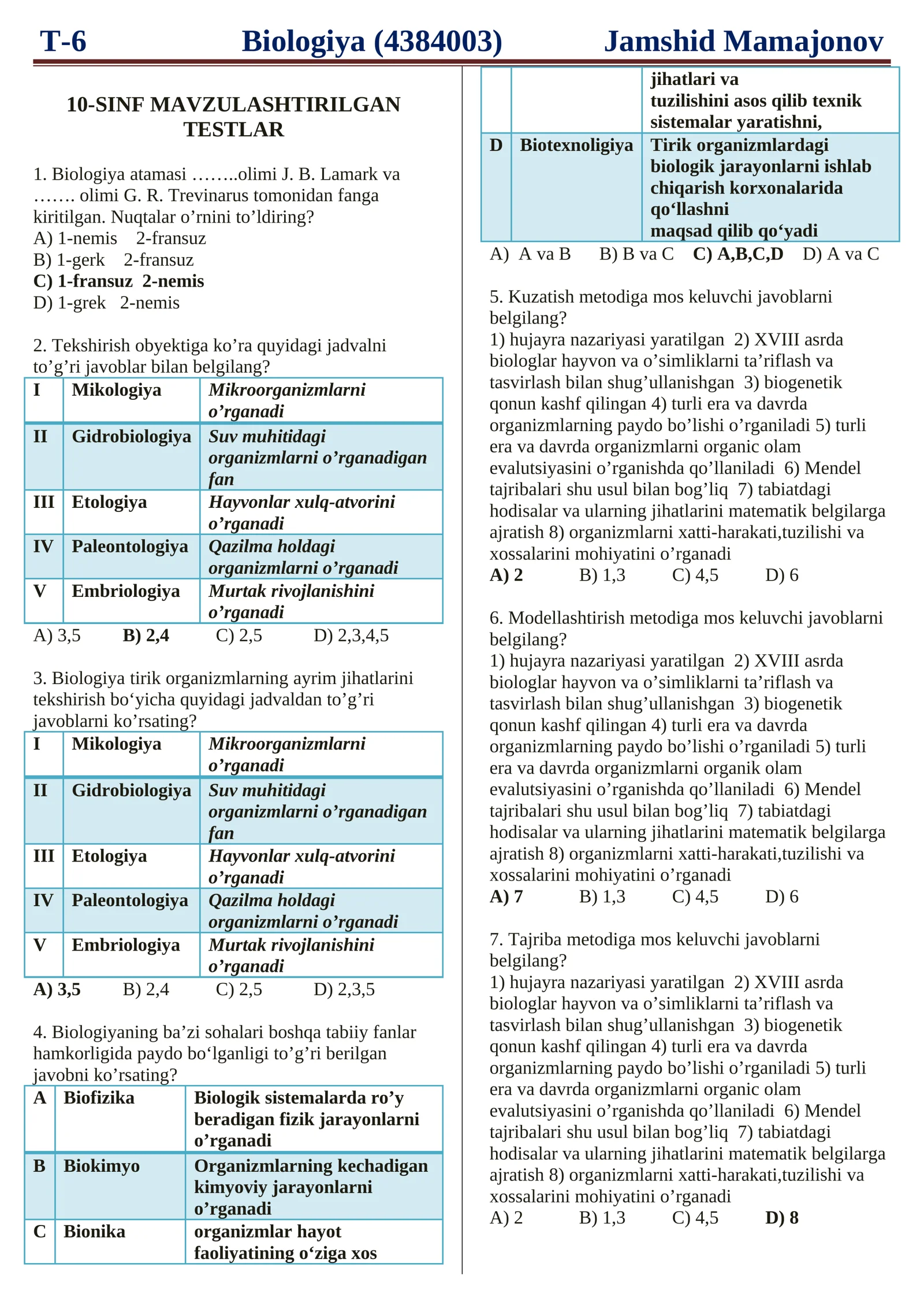 10-SINF MAVZULASHTIRILGAN TESTLAR