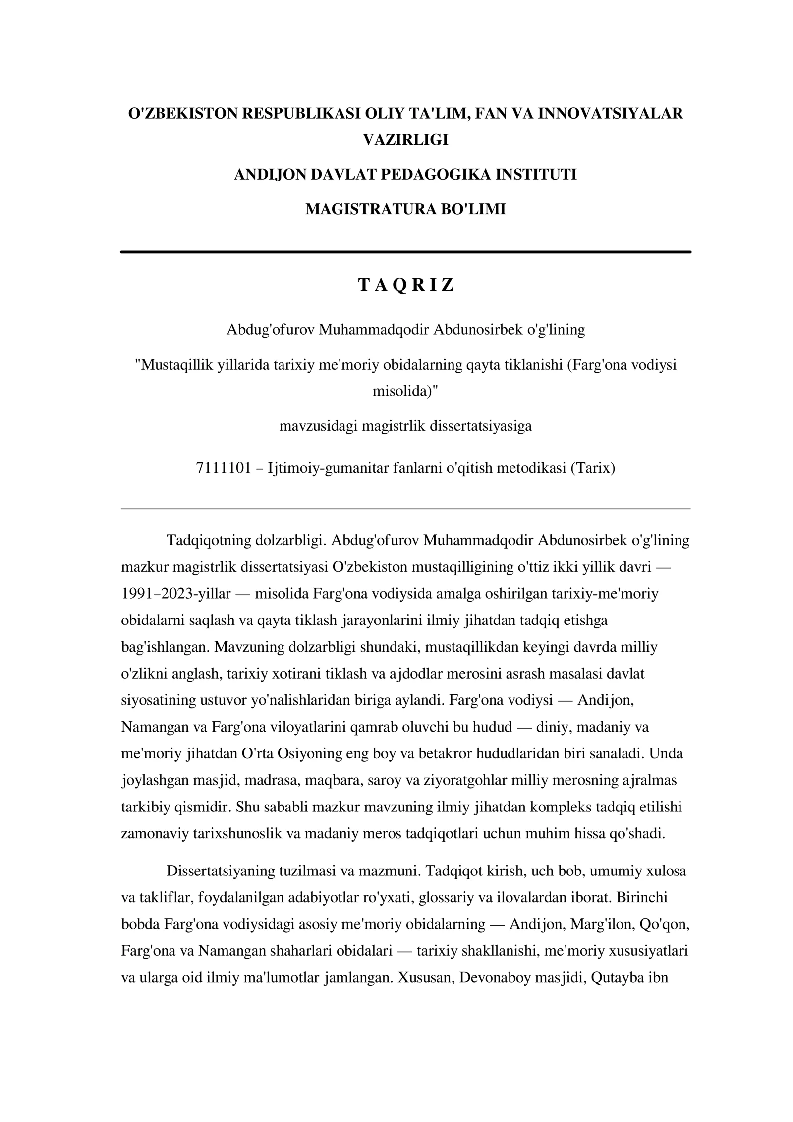 Mustaqillik yillarida tarixiy me'moriy obidalarning qayta tiklanishi (Farg'ona vodiysi misolida)