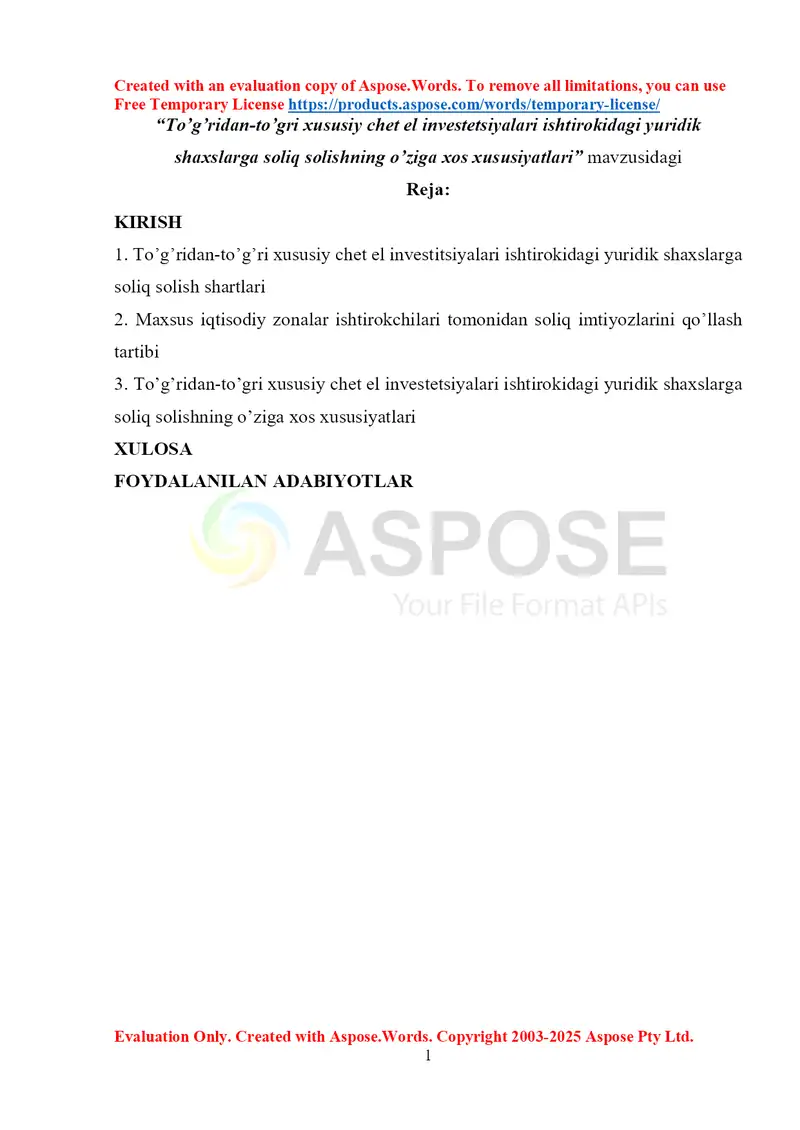 To’g’ridan-to’g’ri xususiy chet el investitsiyalari ishtirokidagi yuridik shaxslarga soliq solishning o’ziga xos xususiyatlari