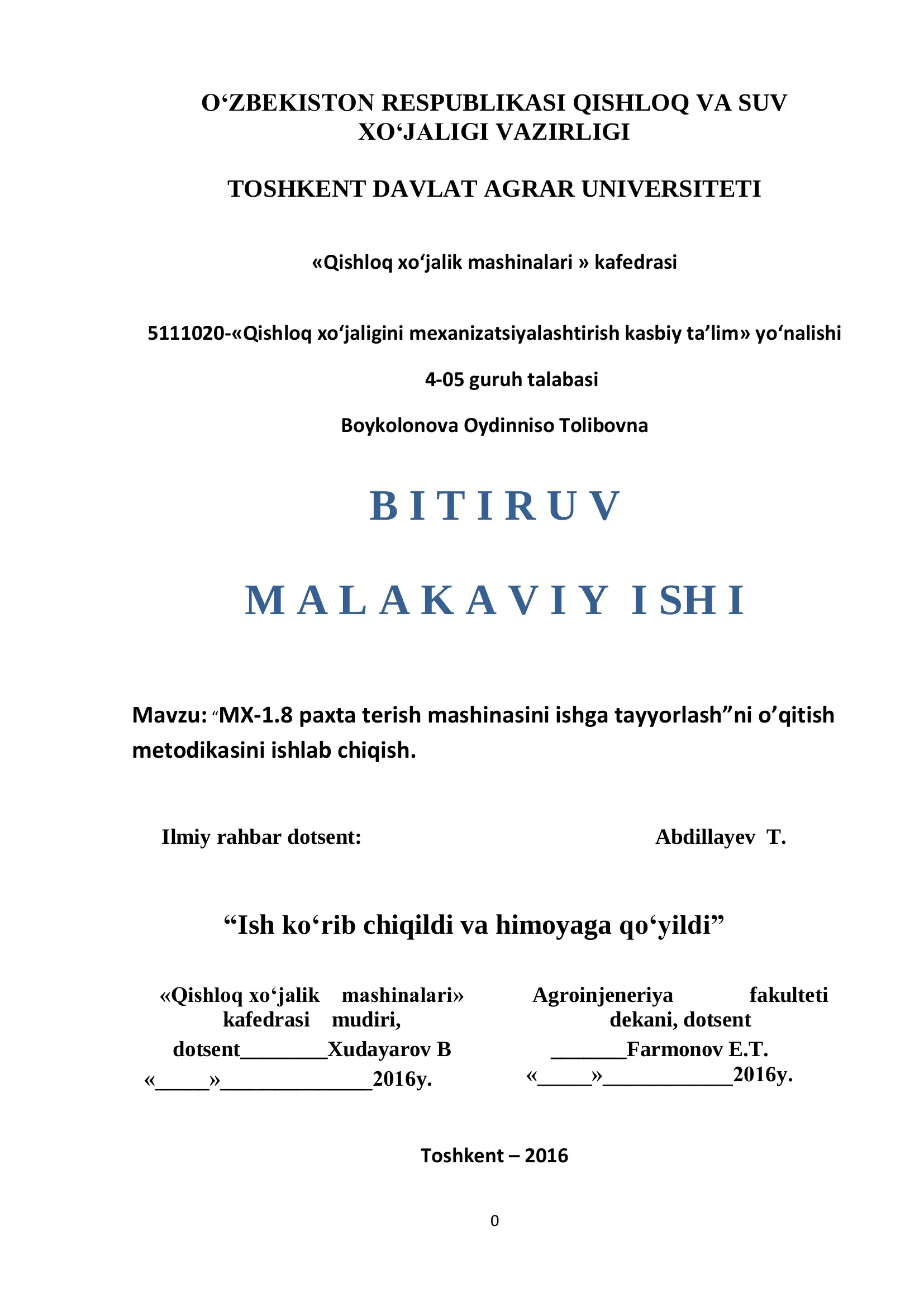 MX-1.8 paxta terish mashinasini ishga tayyorlash