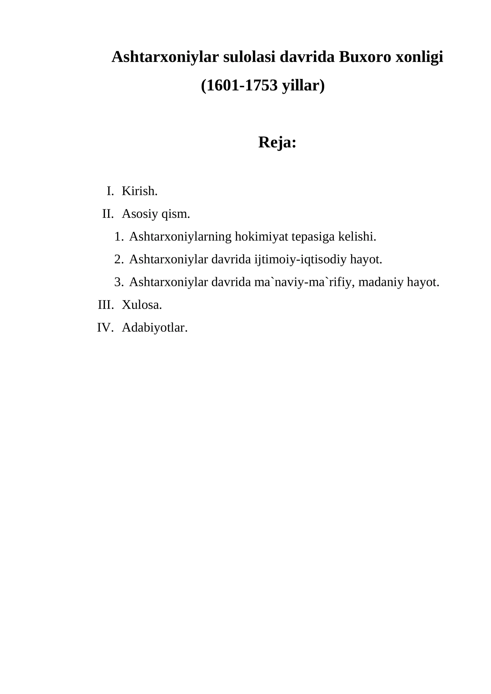 Ashtarxoniylar davrida Buxoro xonligi mavzusida Kurs ishi