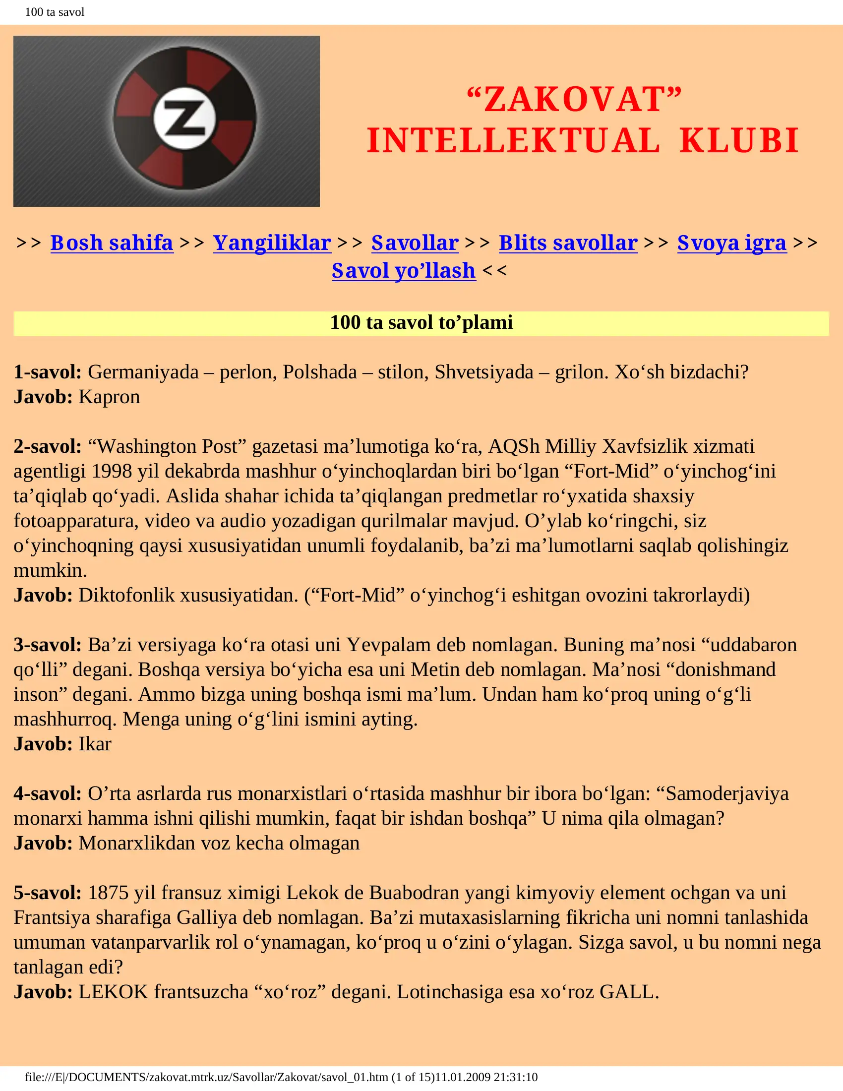 100 ta savol “ZAKOVAT” INTELLEKTUAL KLUBI