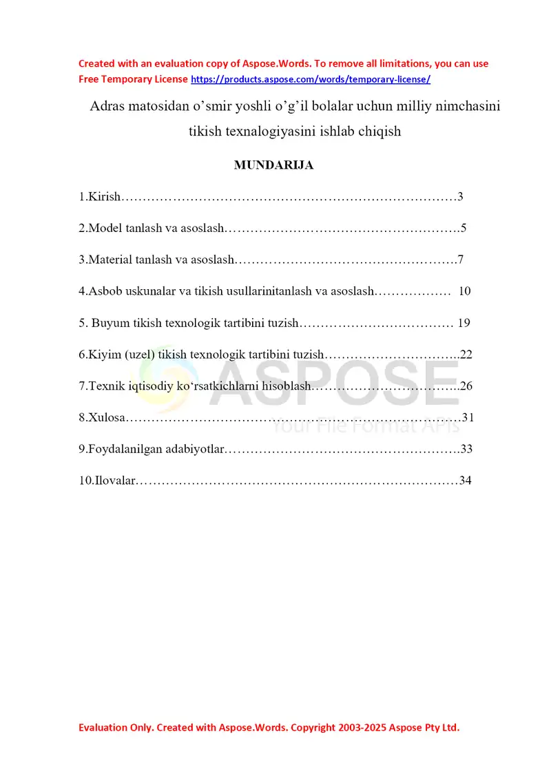 Adras matosidan o’smir yoshli o’g’il bolalar uchun milliy nimchasini tikish texnalogiyasini ishlab chiqish