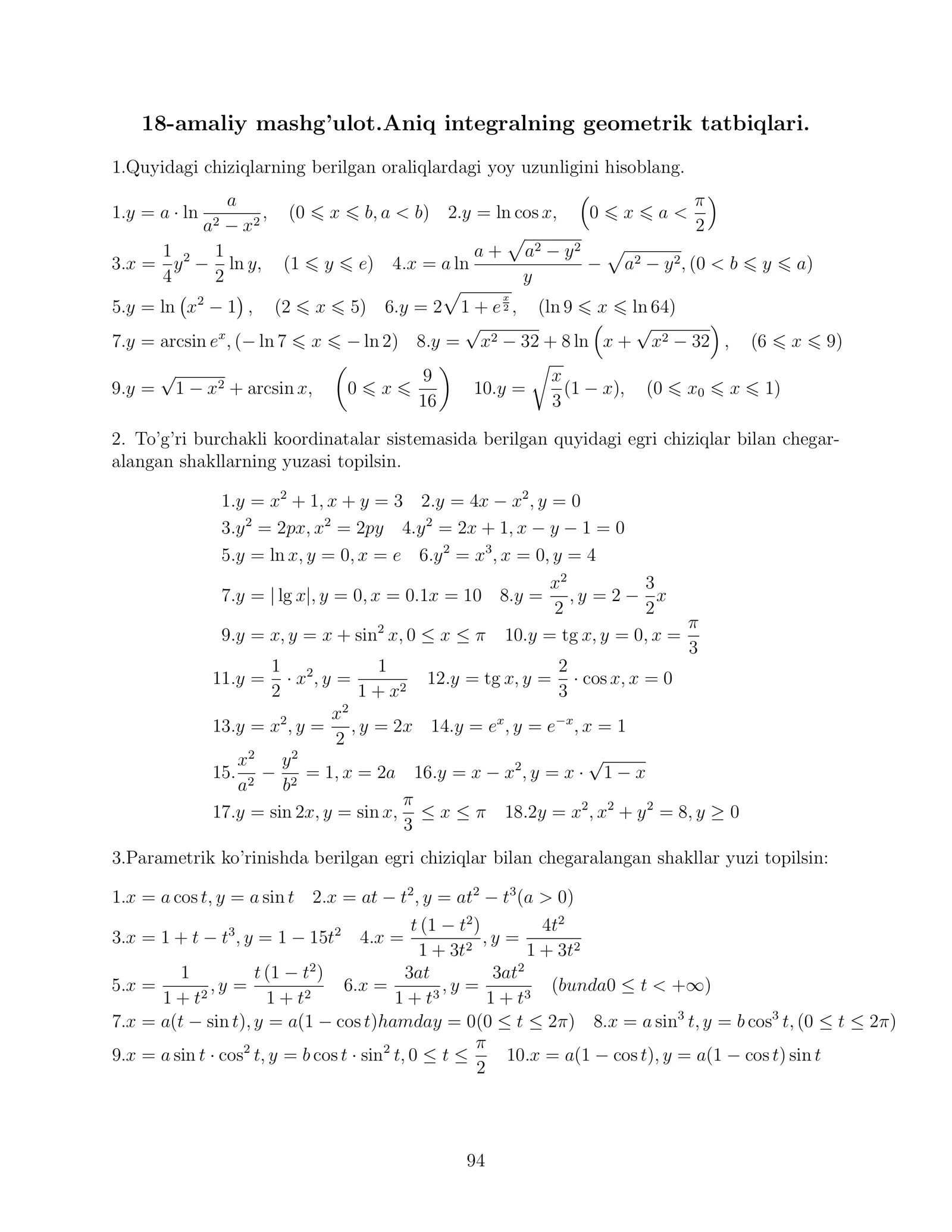 18-amaliy mashg’ulot.Aniq integralning geometrik tatbiqlari