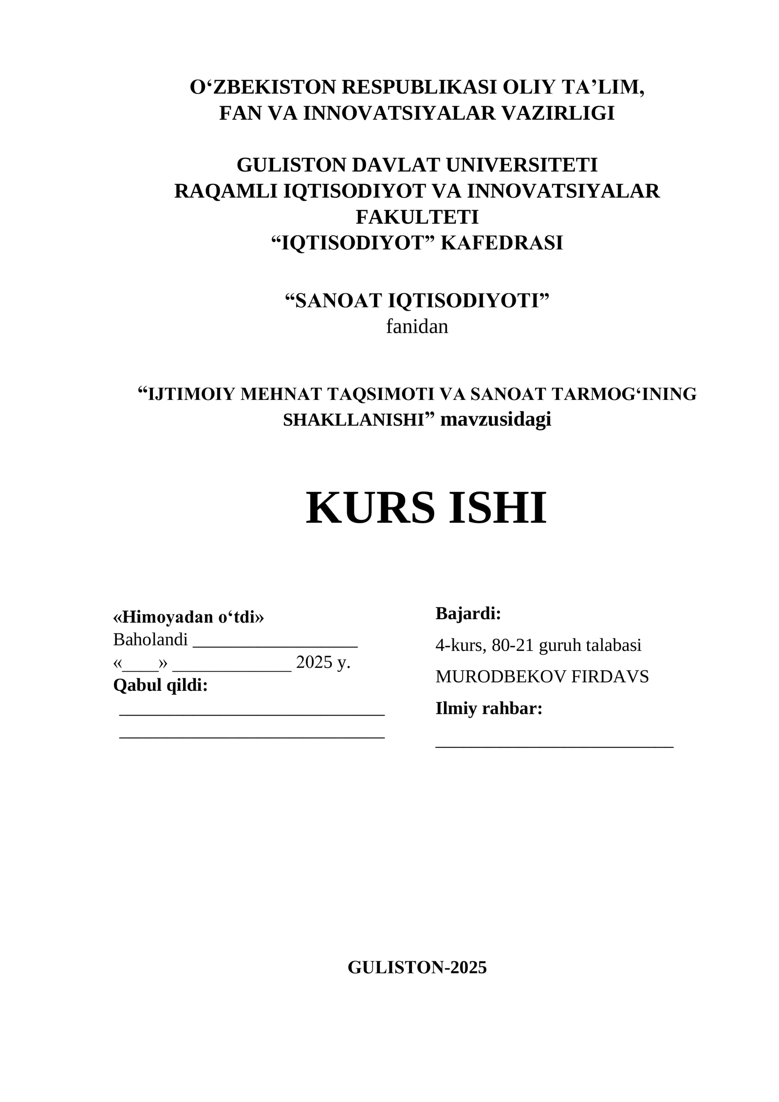 KURS ISHI "SANOAT IQTISODIYOTI"