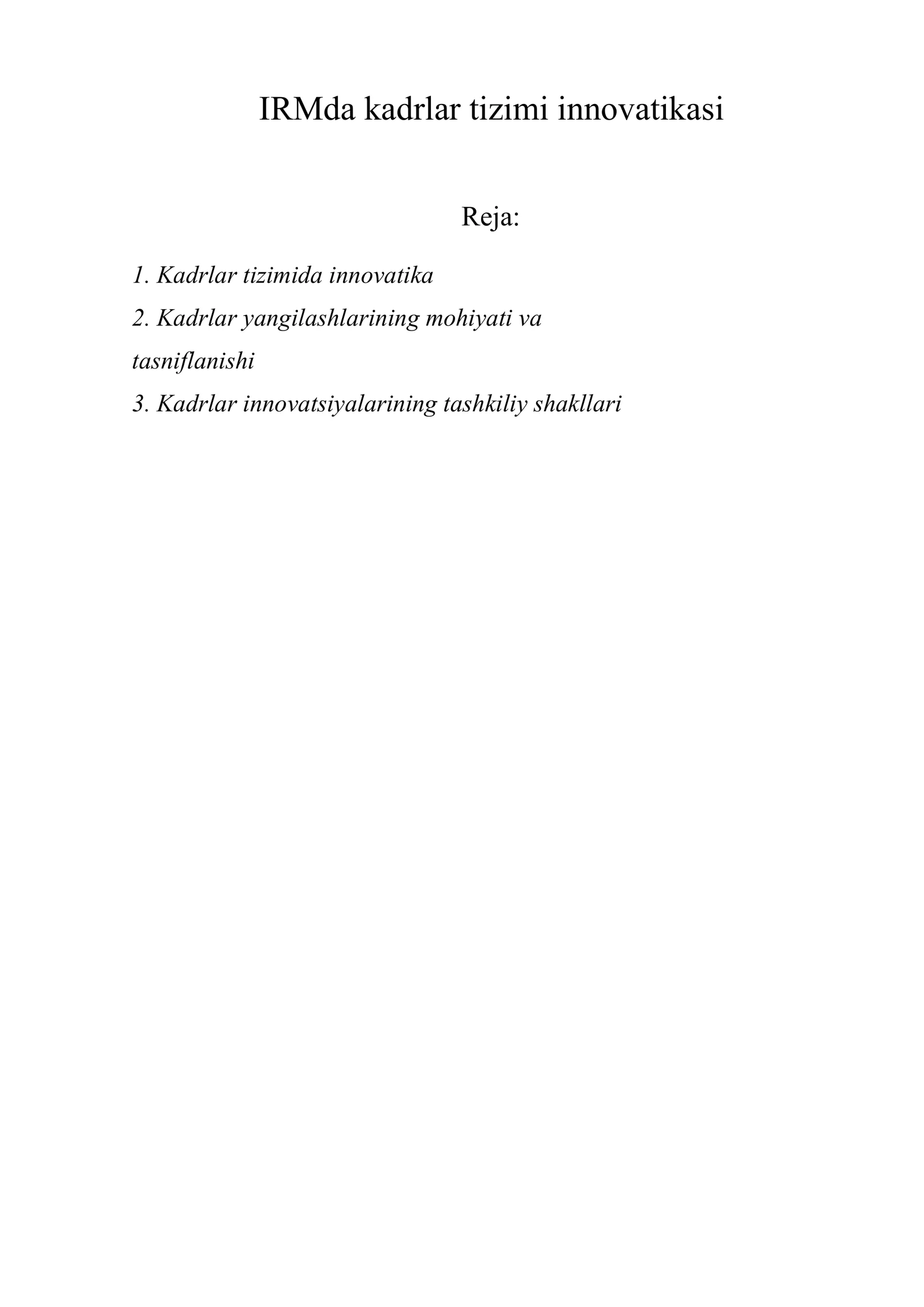 IRMda kadrlar tizimi innovatikasi