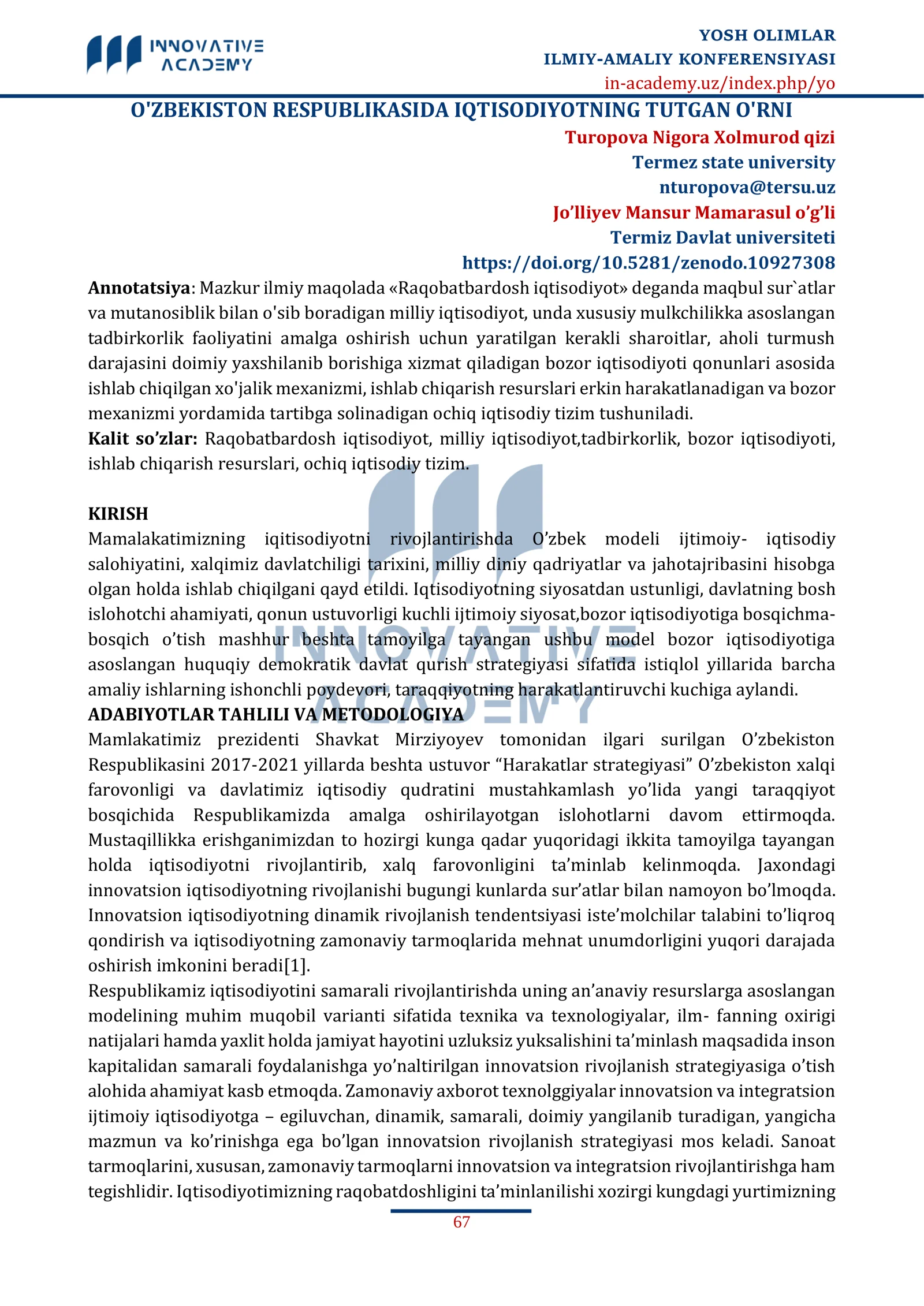 O'ZBEKISTON RESPUBLIKASIDA IQTISODIYOTNING TUTGAN O'RNI