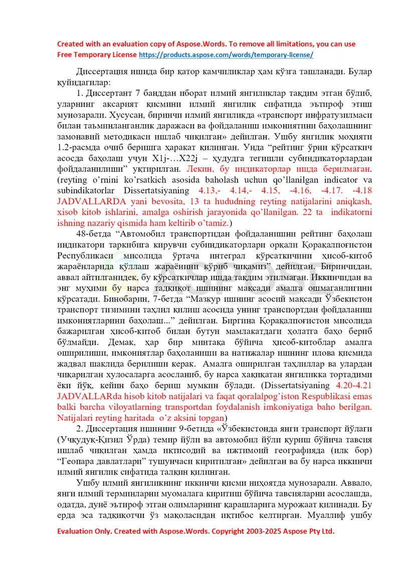 Dissertatsiya taqrizi: O‘zbekiston transport tizimi infratuzilmasi va ilmiy yangiliklar tahlili