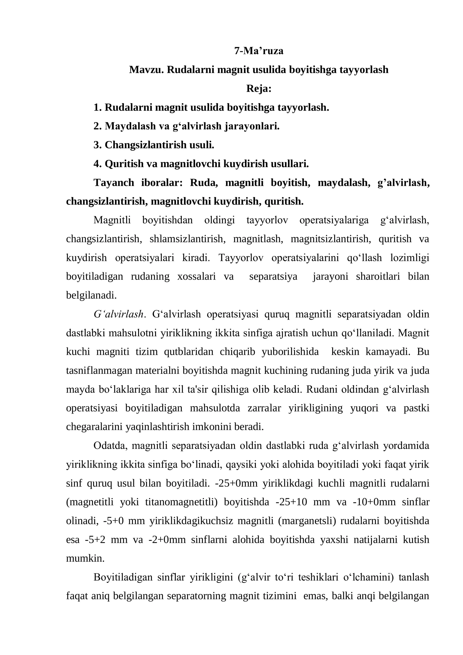 Rudalarni  magnit usulida boyitishga tayyorlash