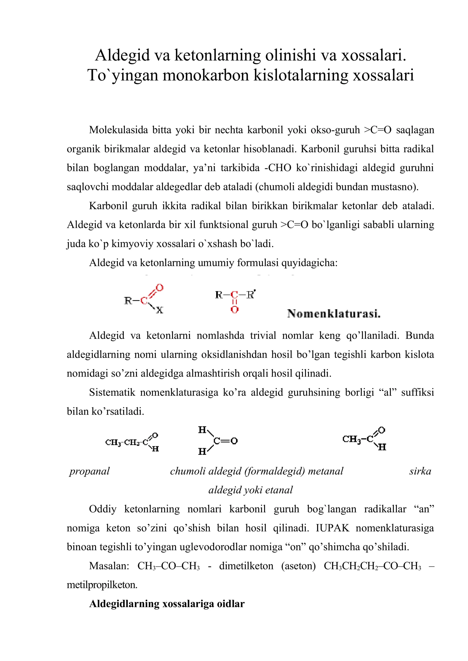 Aldegid va ketonlarning olinishi va xossalari