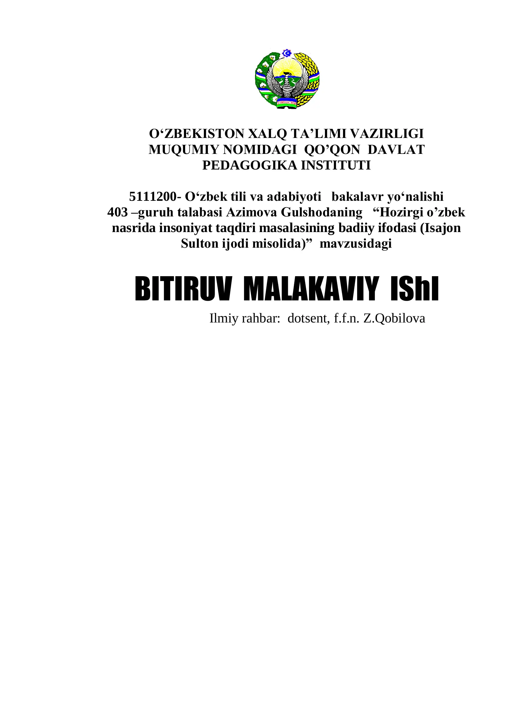 "Hozirgi o'zbek nasrida insoniyat taqdiri masalasining badiiy ifodasi (Isajon Sulton ijodi misolida)"