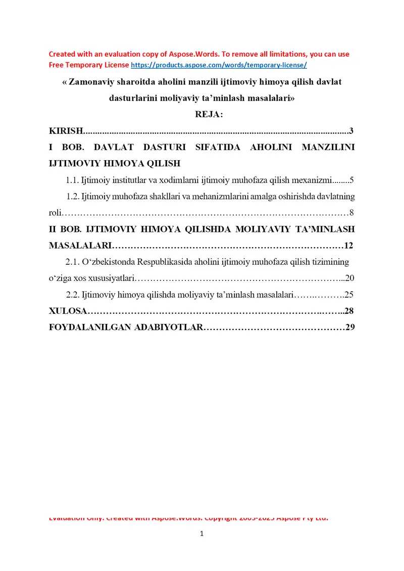 Zamonaviy sharoitda aholini manzili ijtimoviy himoya qilish davlat dasturlarini moliyaviy ta’minlash masalalari