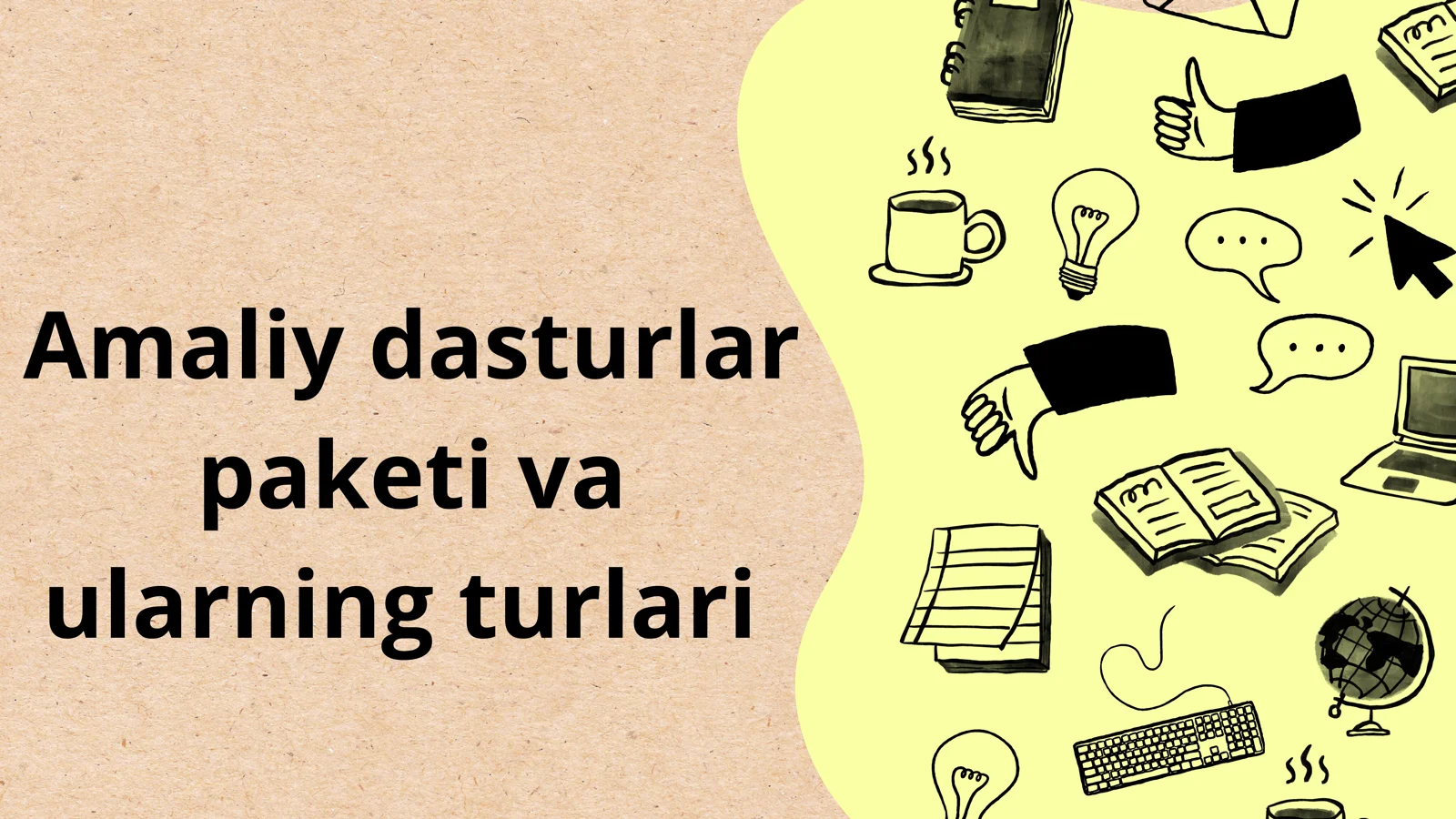 Amaliy dasturlar paketi- Tags (comma-separated): dasturlar, paketlar, ofis ishlarini avtomatlashtirish- Description: Amaliy dasturlar paketi, bir xil foydalanuvchi interfeysi bilan ofis ishlarini avtomatlashtirish uchun mo‘ljallangan bir nechta dasturlarni o‘z ichiga oladi. Masalan: matn protsessorlari, elektron jadvallar, taqdimot dasturlari.- Category: Amaliy ishlar/Informatika va AT