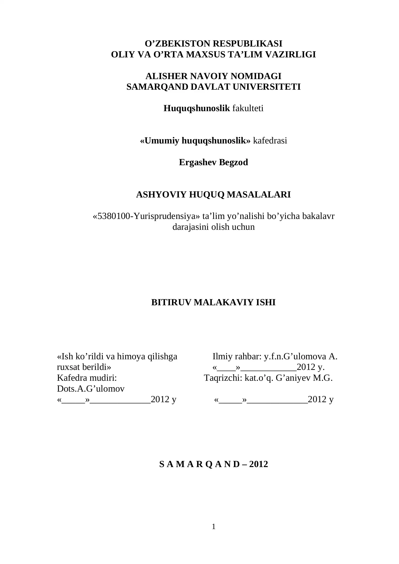 Ergashev Begzod - Ashyoviy Huquq Masalalari