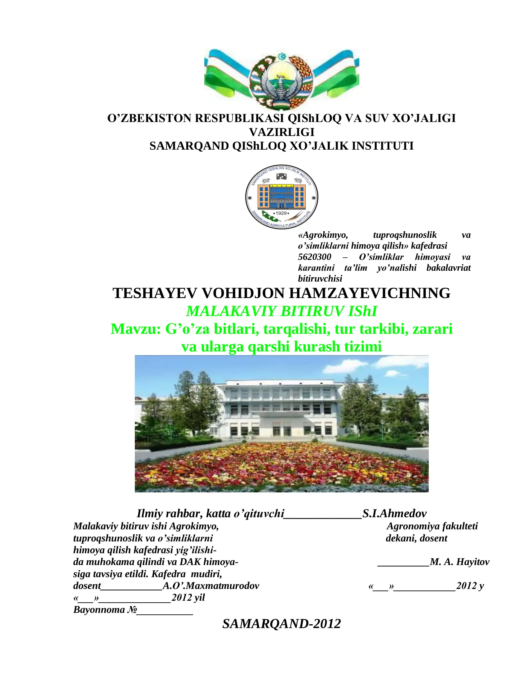 O’simliklar himoyasi va karantini ta’lim yo’nalishi bakalavriat bitiruvchisi