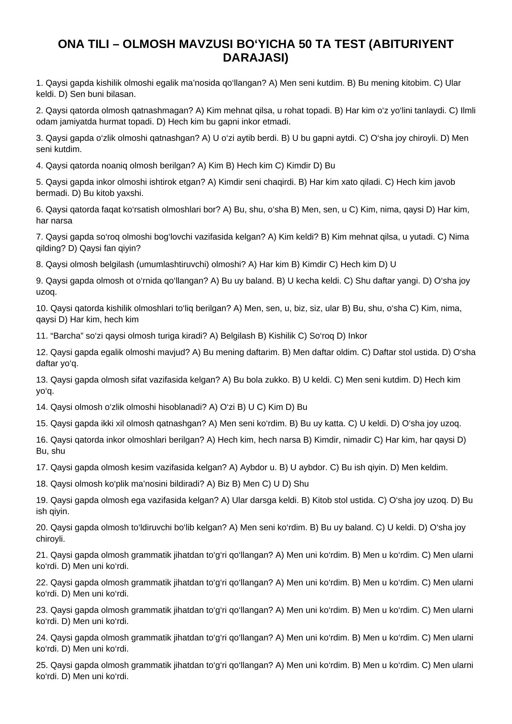ONA TILI – OLMOSH MAVZUSI BO‘YICHA 50 TA TEST (ABITURIYENT DARAJASI)