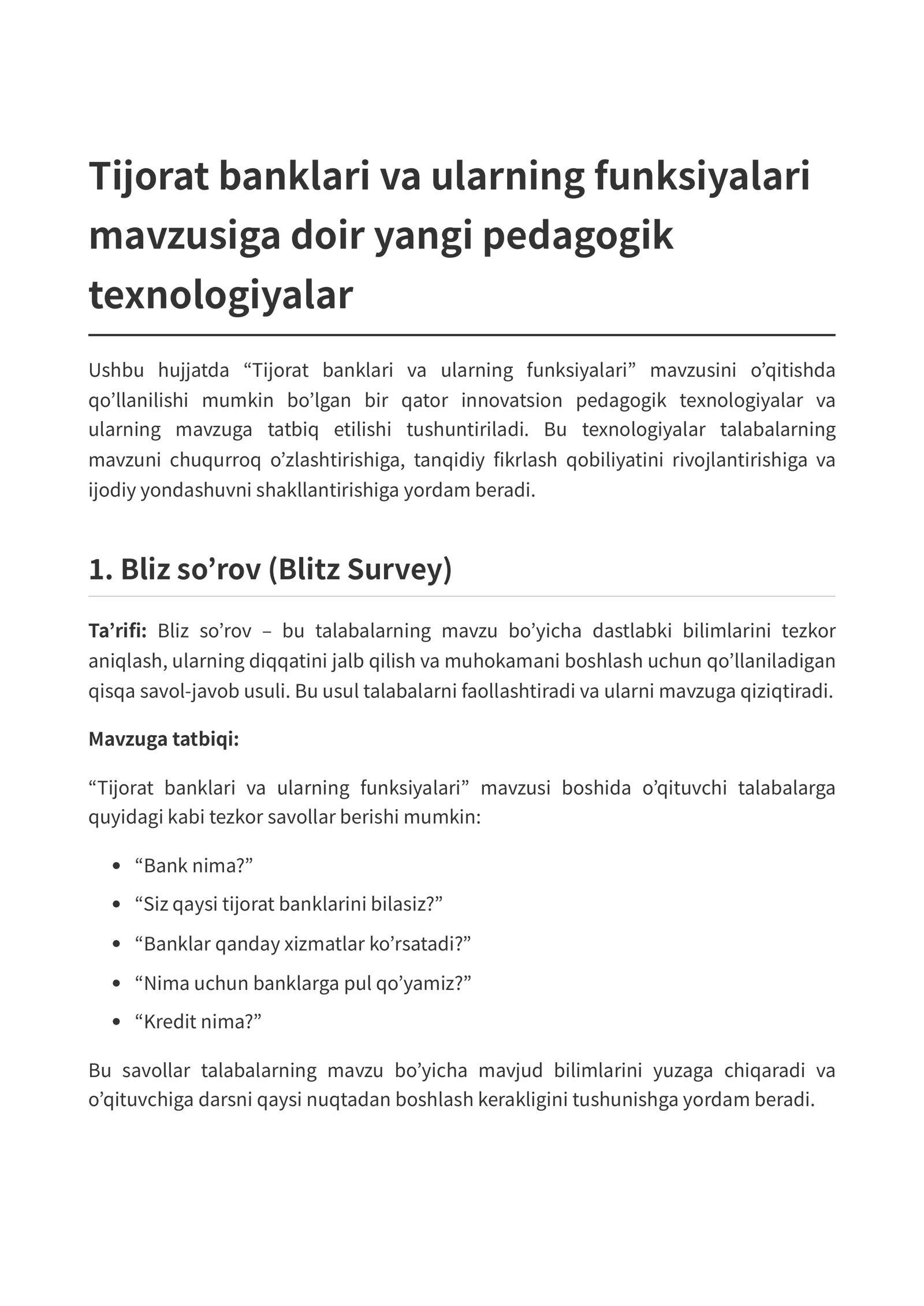Tijorat banklari va ularning funksiyalari mavzusiga doir yangi pedagogik texnologiyalar