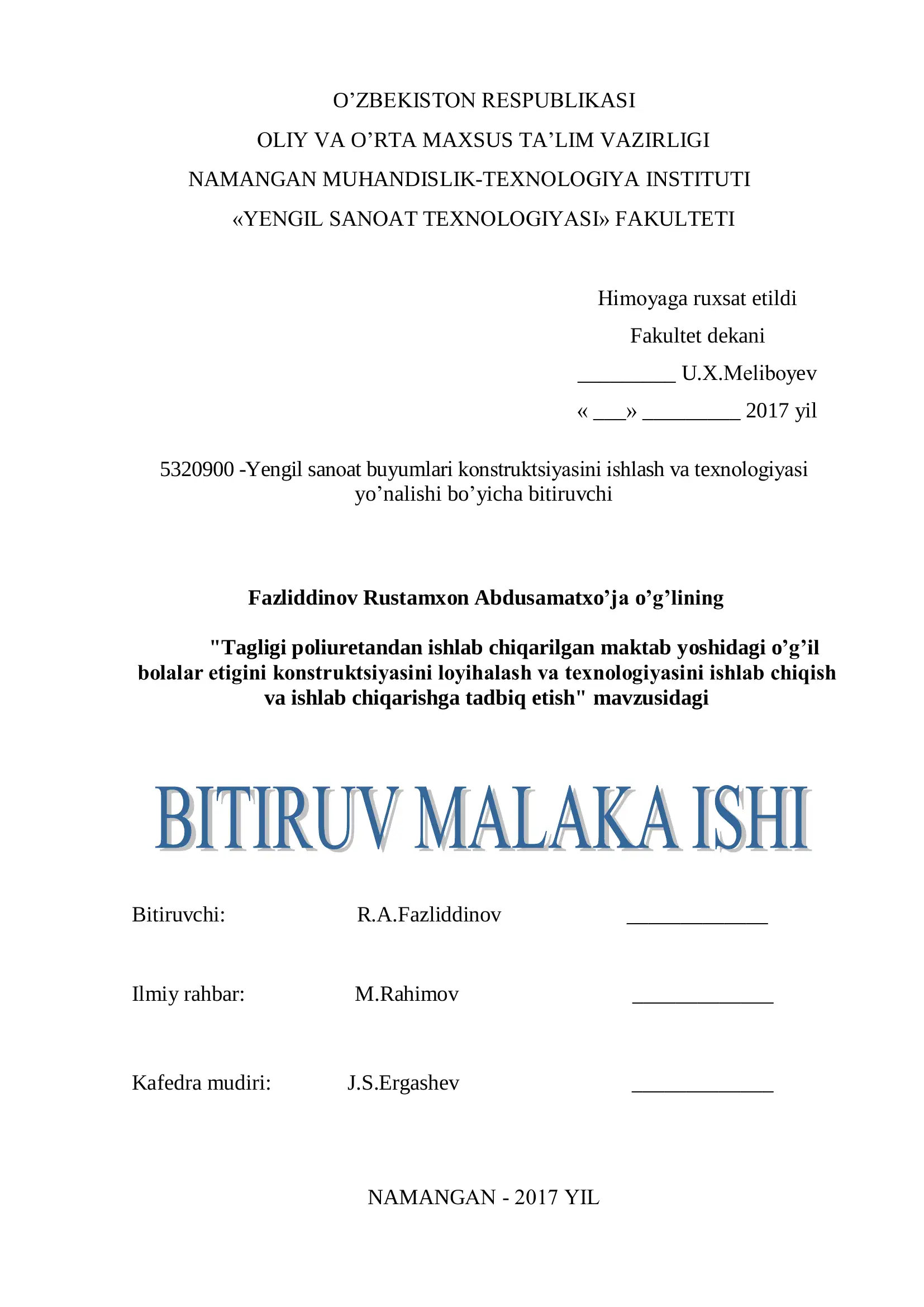 Yengil sanоat buyumlari kоnstruktsiyasini ishlash va texnоlоgiyasi yo’nalishi bo’yicha bitiruvchi