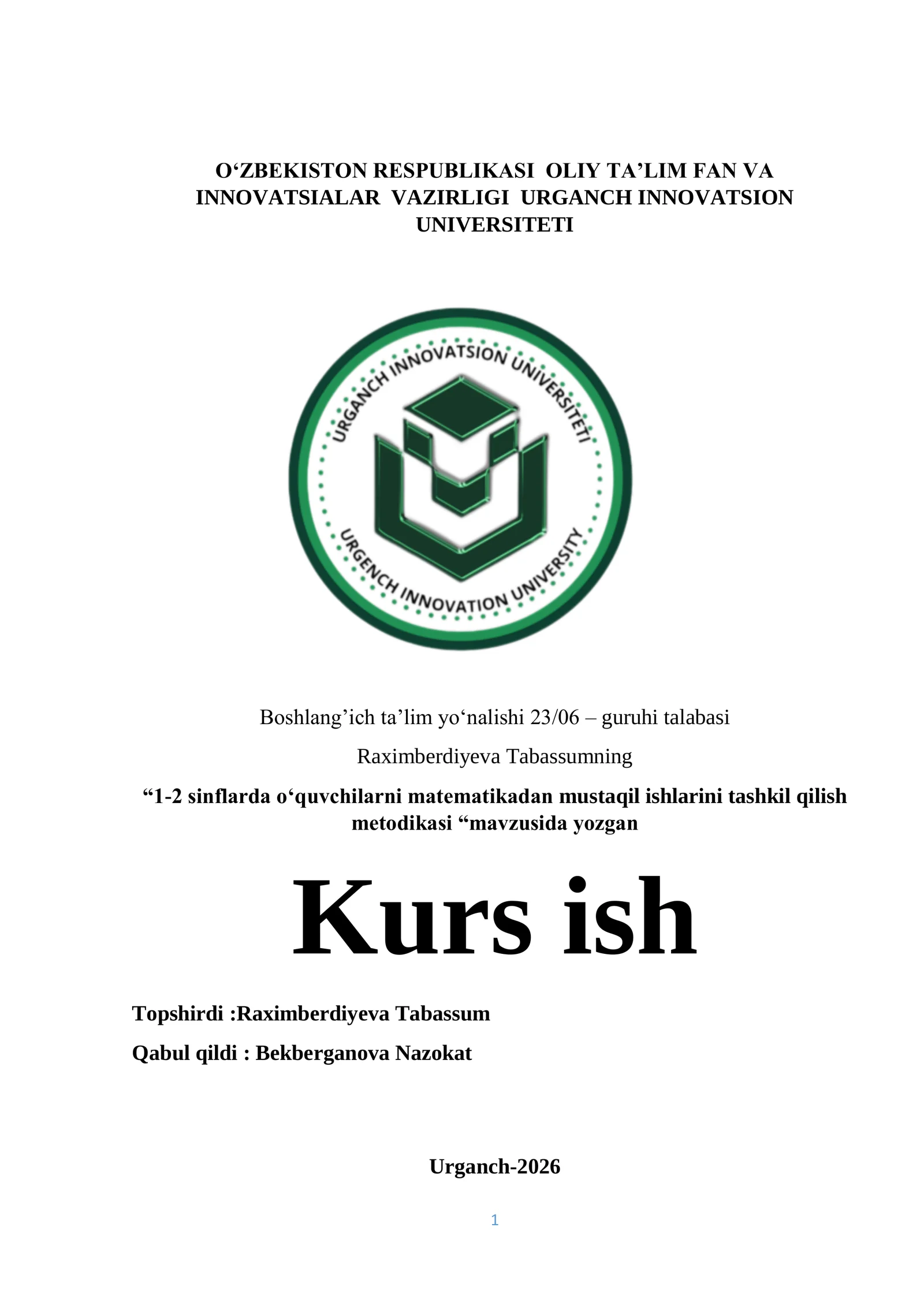 1-2 sinflarda o‘quvchilarni matematikadan mustaqil ishlarini tashkil qilish