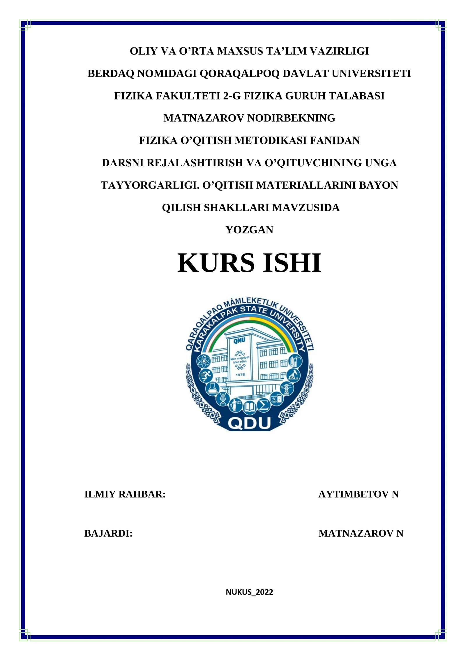 FIZIKA O’QITISH METODIKASI FANIDAN DARSNI REJALASHTIRISH VA O’QITUVCHINING UNGA TAYYORGARLIGI. O’QITISH MATERIALLARINI BAYON QILISH SHAKLLARI