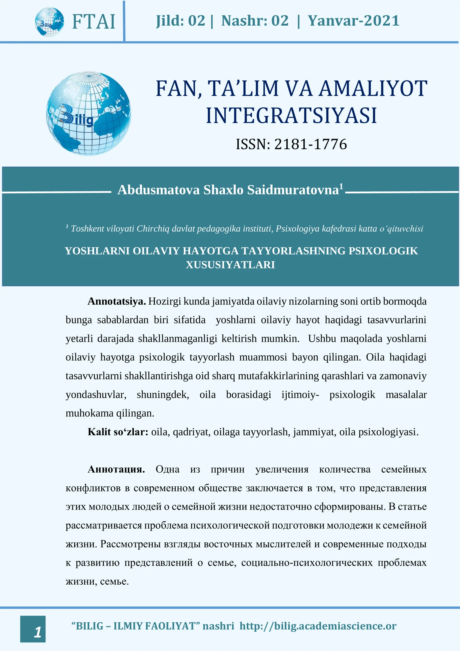 FAN, TA’LIM VA AMALIYOT INTEGRATSIYASI