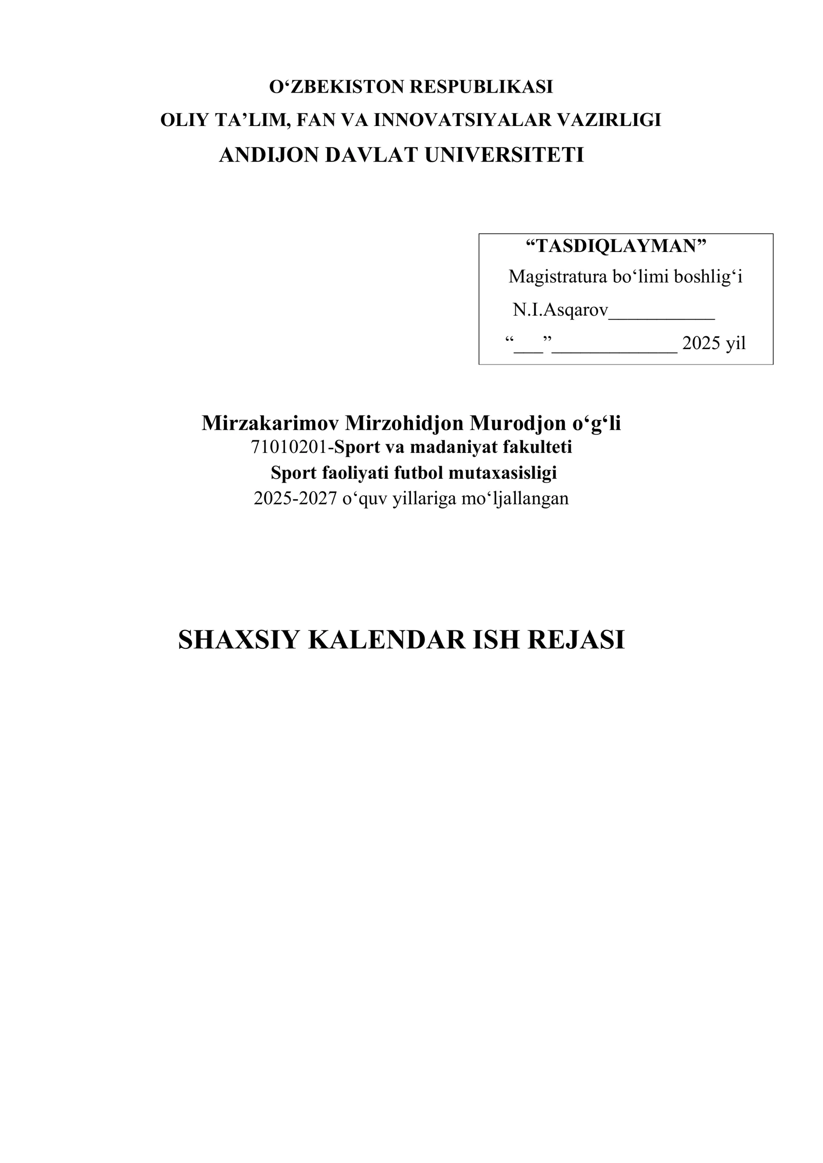 SHAXSIY KALENDAR ISH REJASI