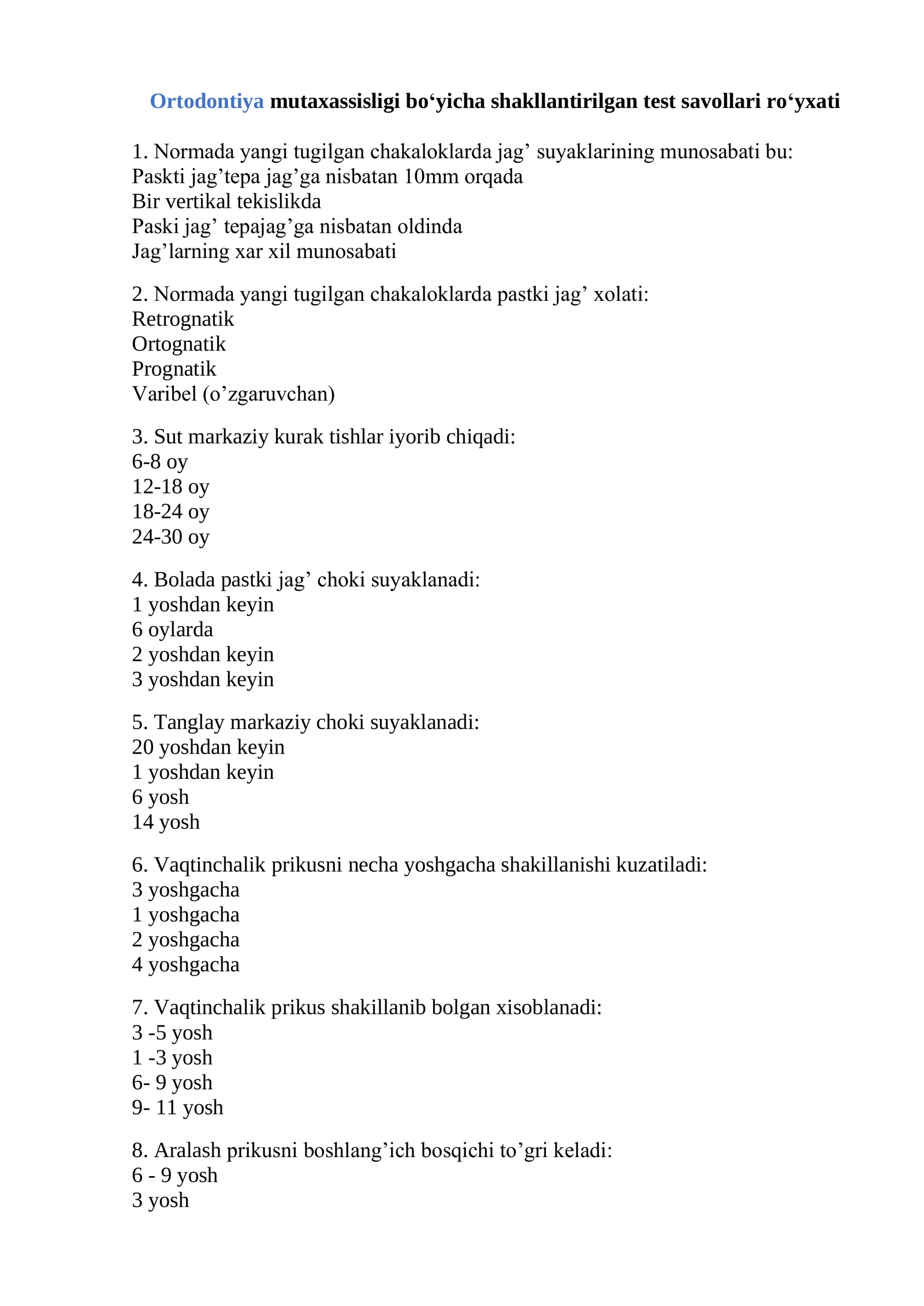 Ortodontiya Mutaxassisligi Test Savollari Ro'yxati 2026
