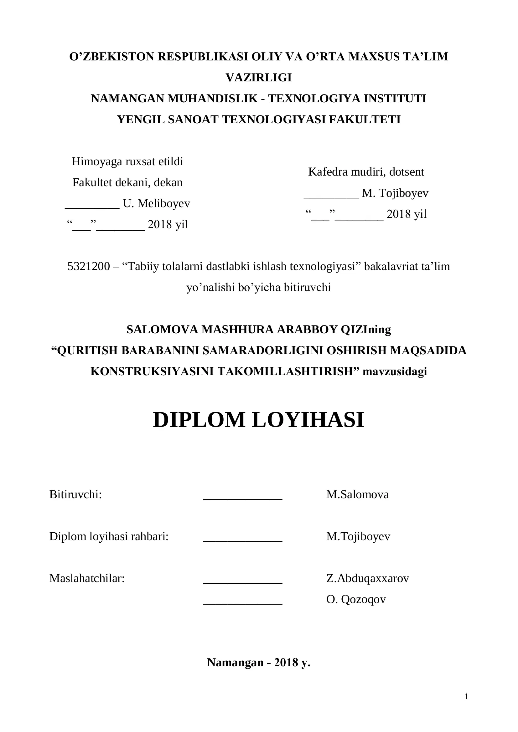 Konstruksiyani takomillashtirish diplom loyihasi
