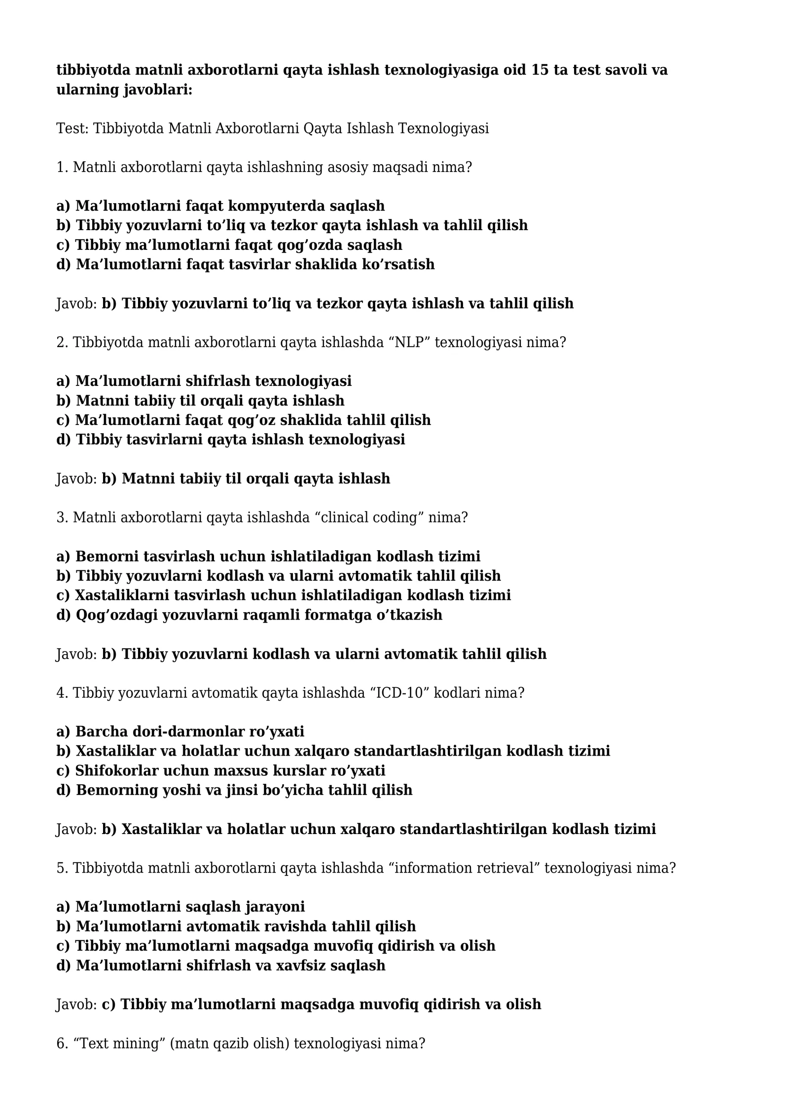 Tibbiyotda Matnli Axborotlarni Qayta Ishlash Texnologiyasi