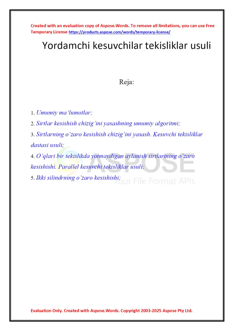 Yordamchi kesuvchilar tekisliklar usuli