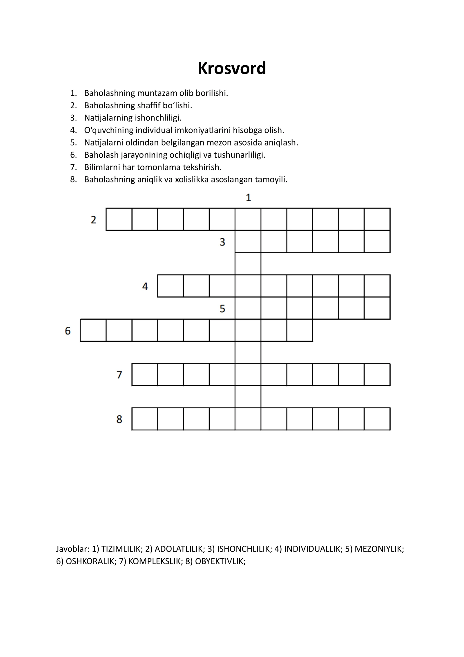 Krossvord-Ta’lim olganlikni tashxis etish tamoyillari.