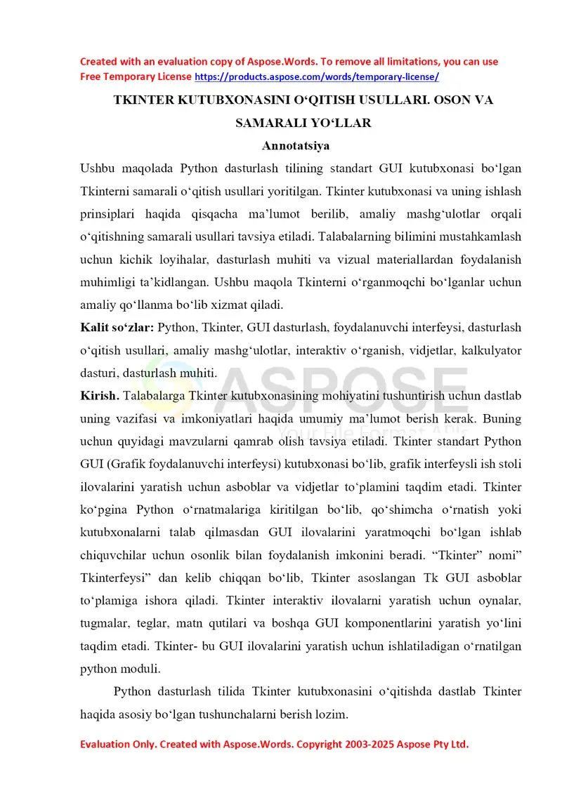 Tkinter kutubxonasini o'qitish usullari
