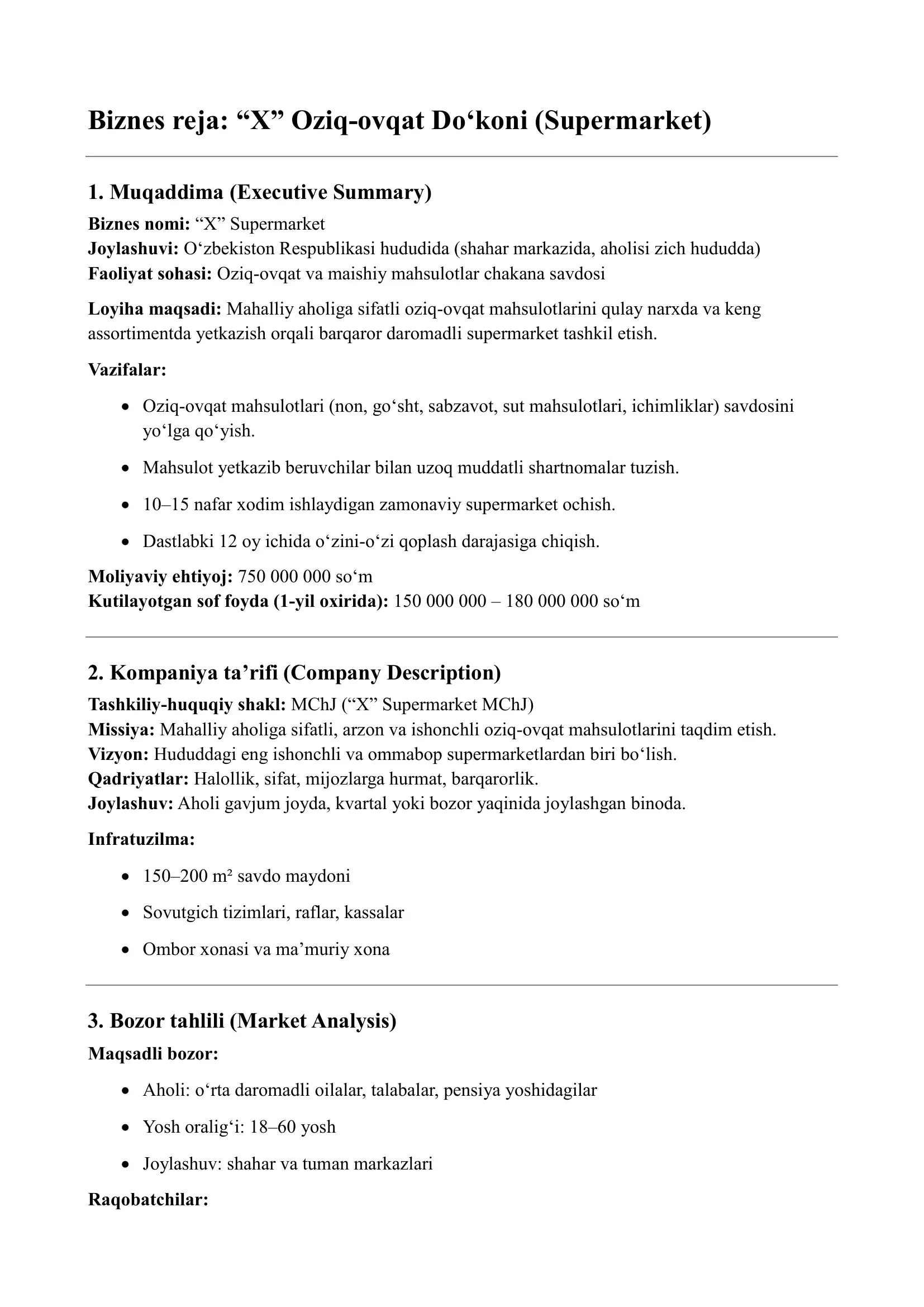 Oziq-ovqat Do‘koni (Supermarket) ochish bizness rejasi