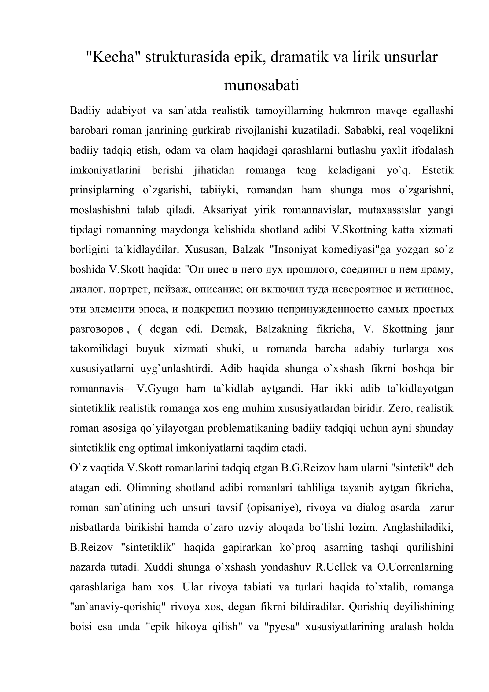 "Kecha" strukturasida epik, dramatik va lirik unsurlar munosabati