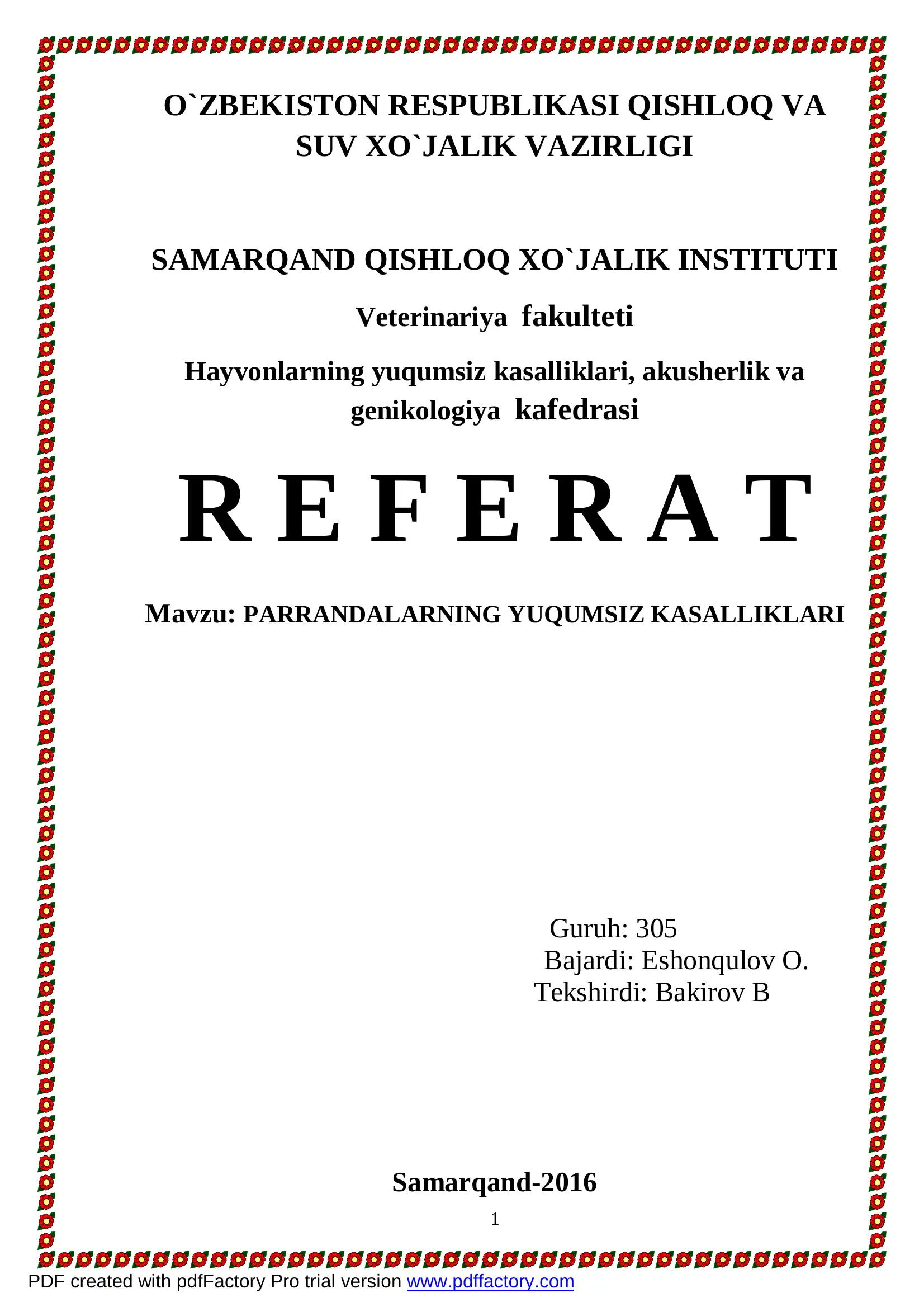 Parrandalarning Yuqumsiz Kasalliklari