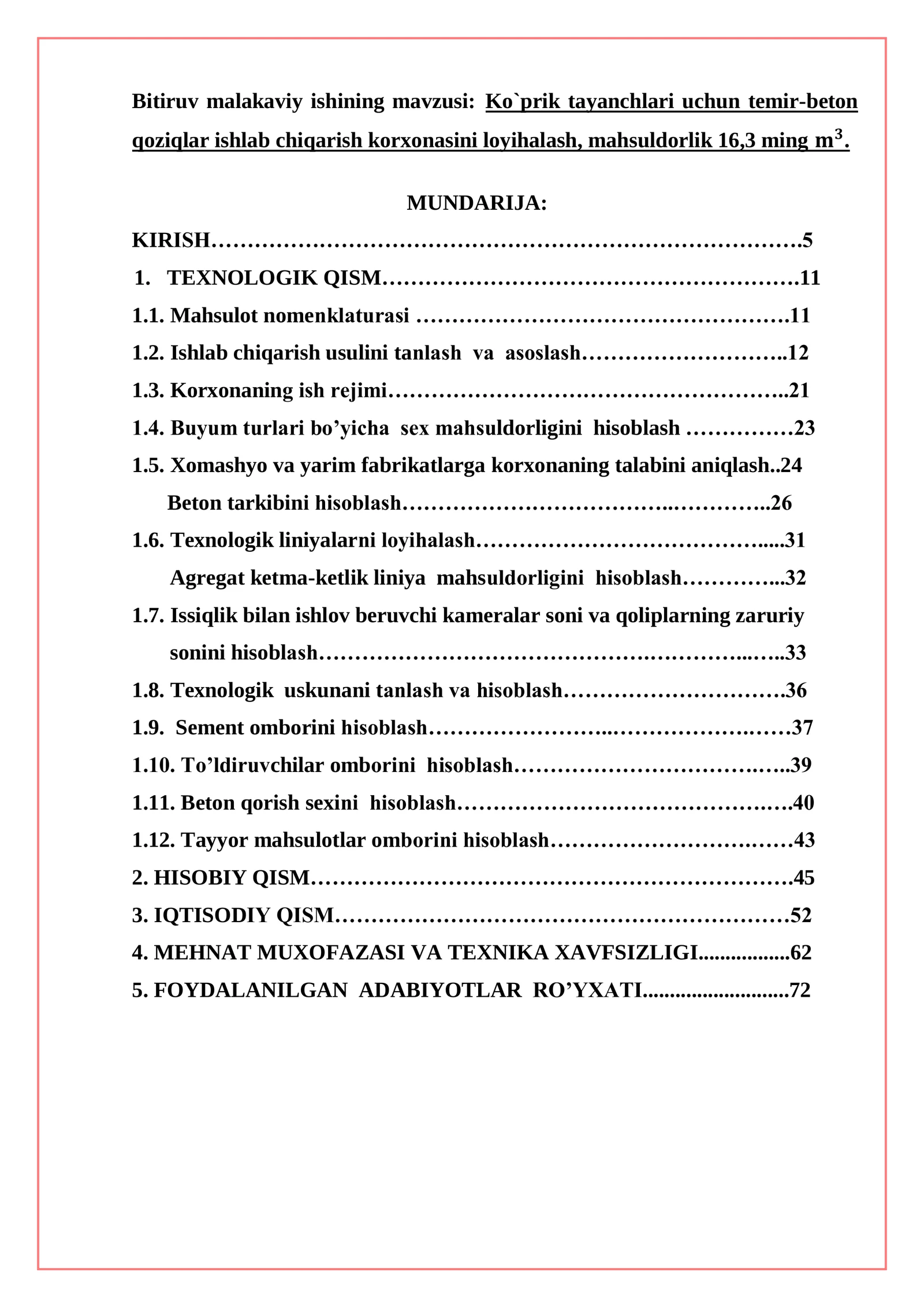 Ko`prik tayanchlari uchun temir-beton qoziqlar ishlab chiqarish korxonasini loyihalash