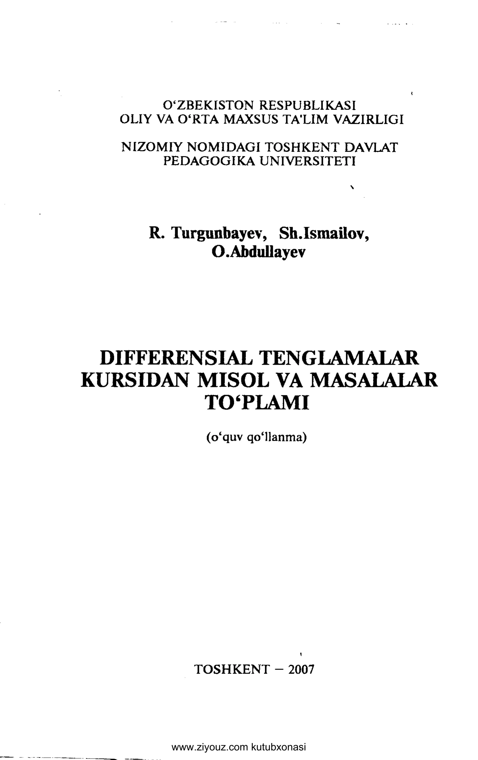 DIFFERENSIAL TENGLAMALAR KURSIDAN MISOL VA MASALALAR TO‘PLAMI