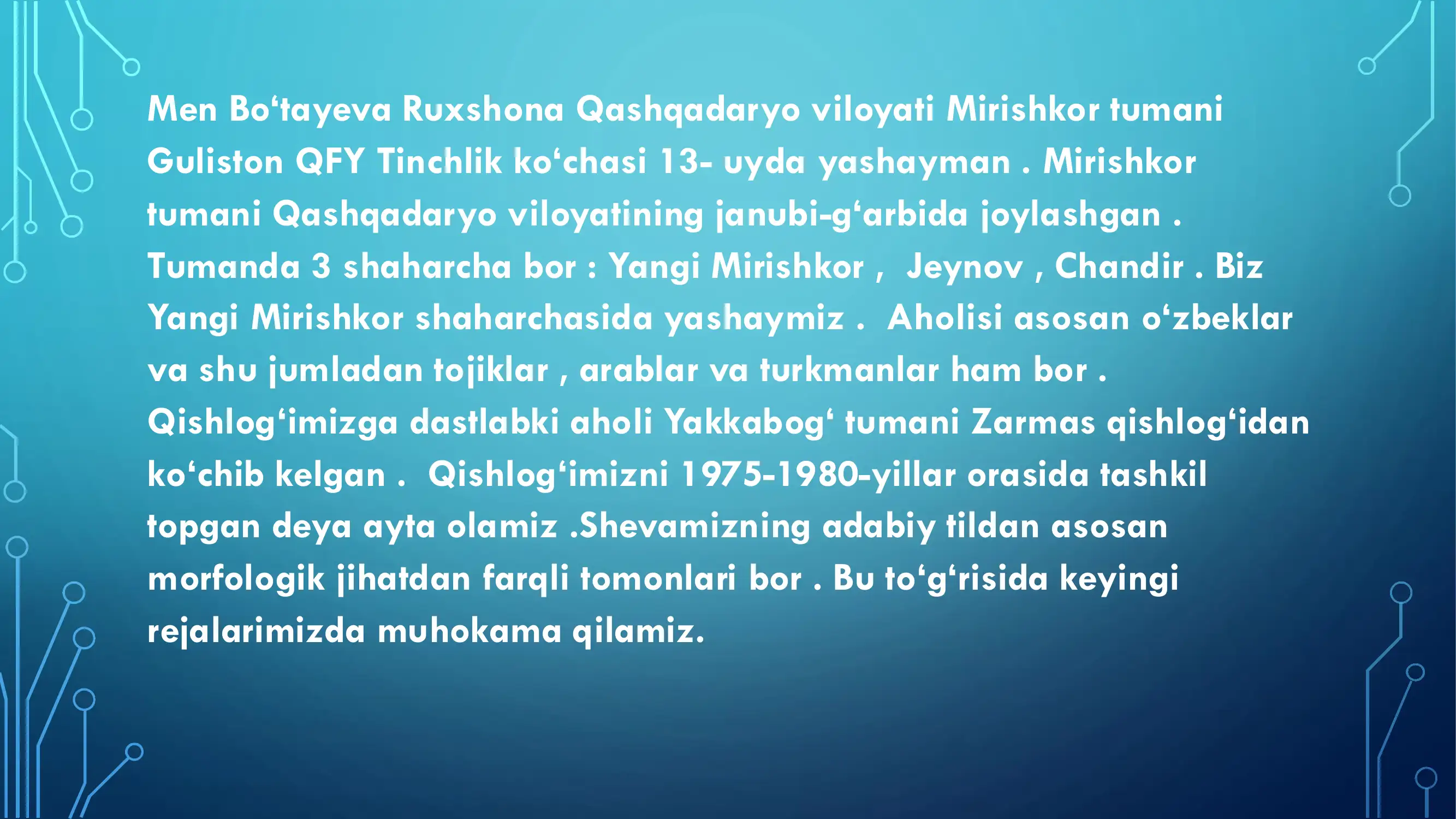Qashqadaryo viloyati Mirishkor tumani Guliston QFY qarluq shevalari haqida