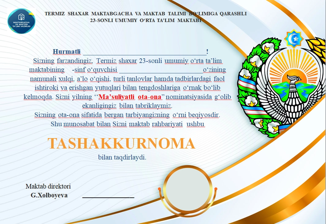 Tashakkurnoma taqvim bo'yicha hamma bayram tadbirga yozilgan