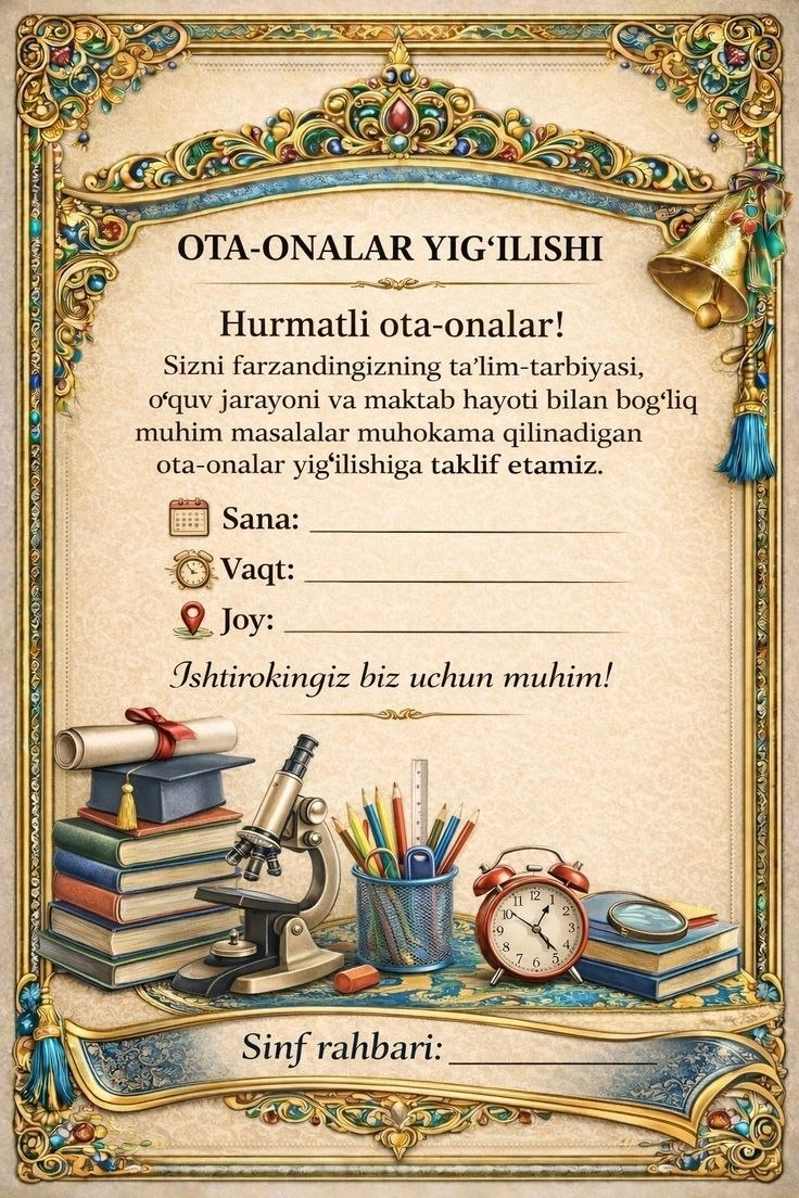Ota-onalar majlisi uchun taklifnoma shabloni